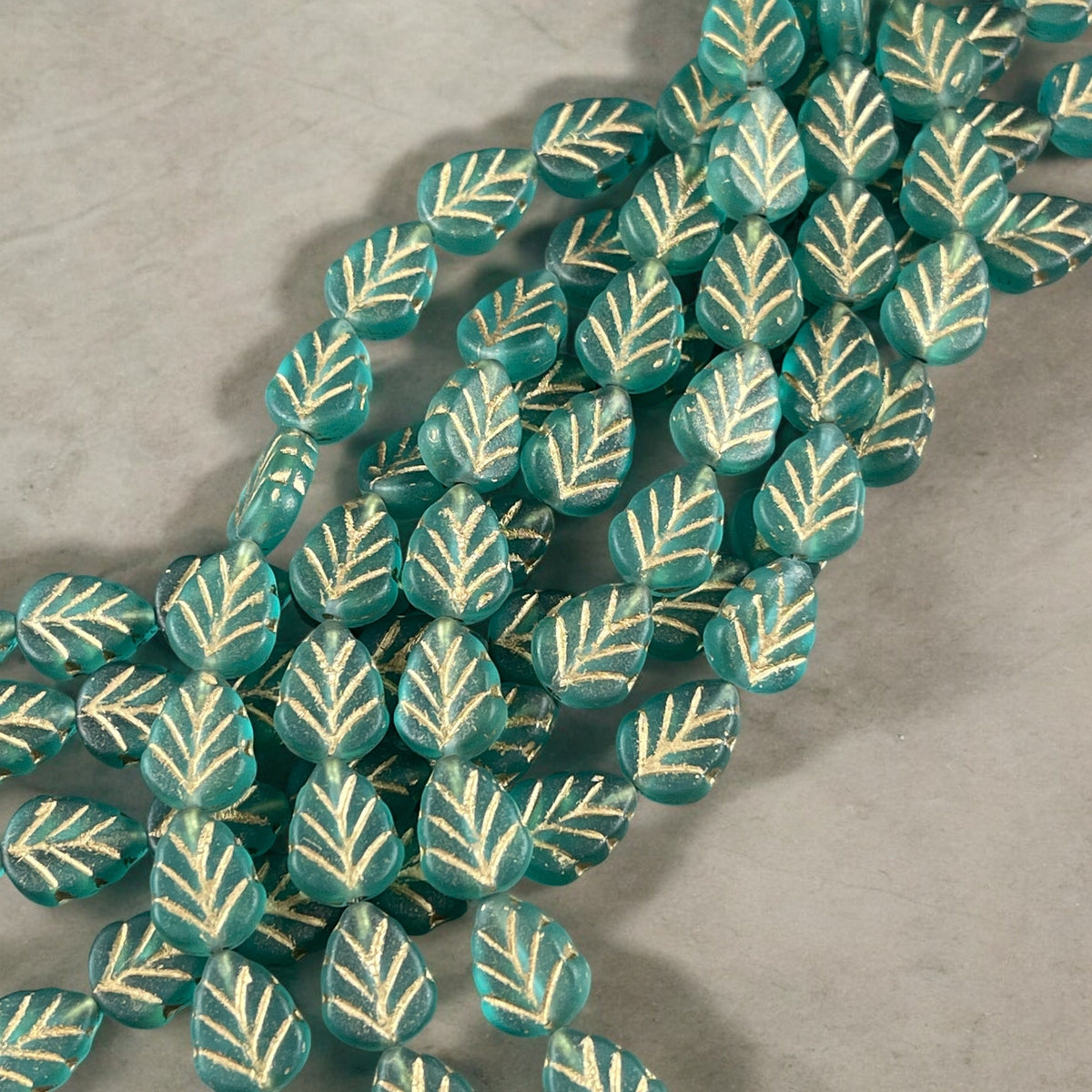 Czech Glass - 10x8mm Mint Leaf Bead, Matte Aqua with Gold Wash (Mint25) * Qty. 16