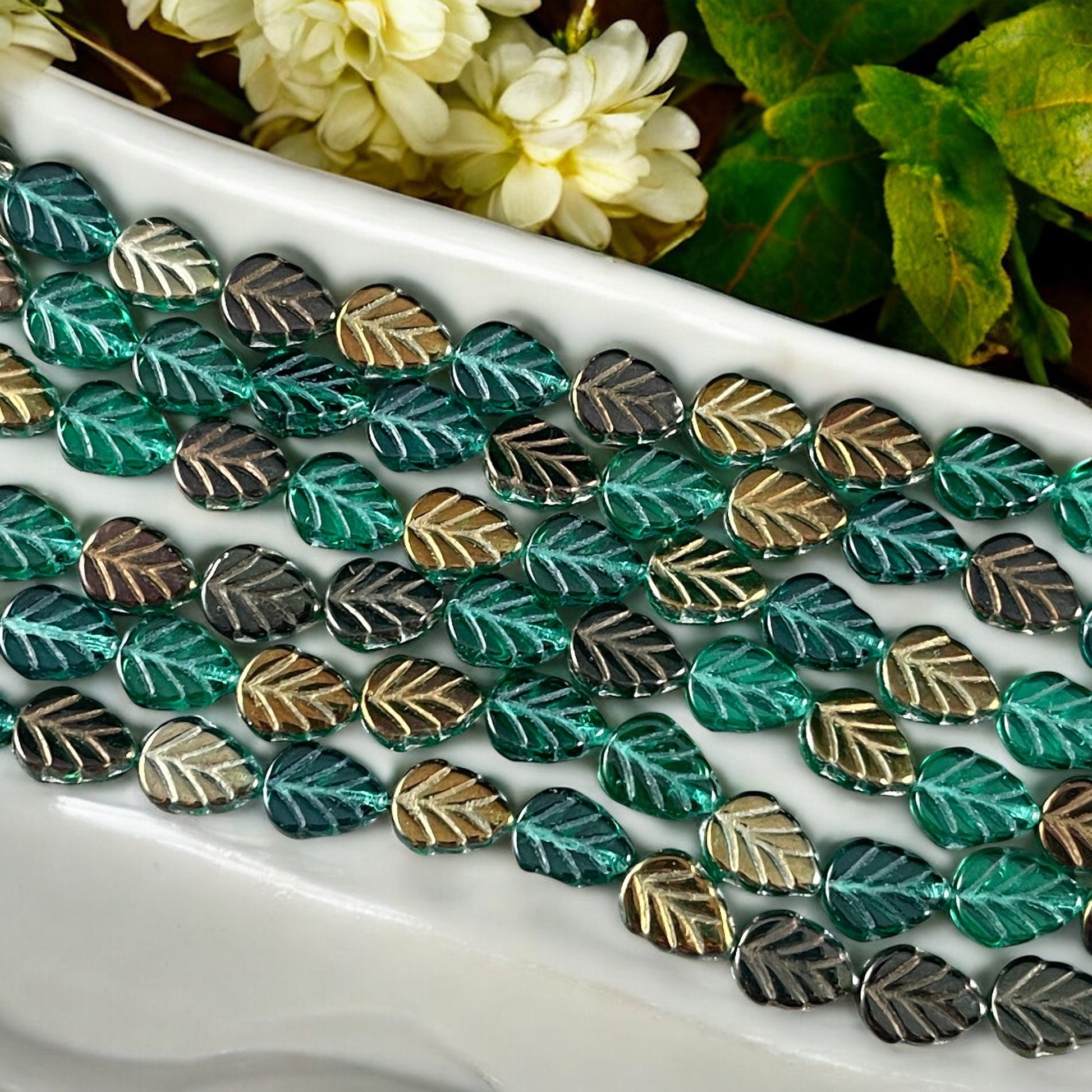 Emerald Green Leaf with Metallic Gold and Bronze Half Coat, 10x8mm Mint Leaf Czech Glass Beads (Mint20) * Qty. 16