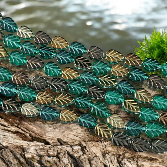 Emerald Green Leaf with Metallic Gold and Bronze Half Coat, 10x8mm Mint Leaf Czech Glass Beads (Mint20) * Qty. 16