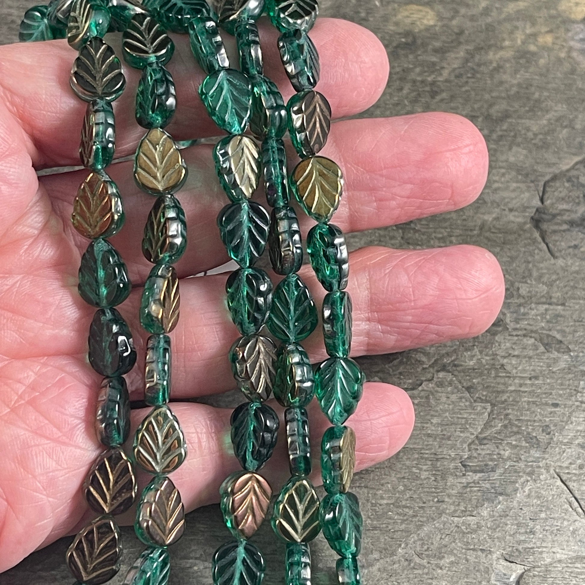 Emerald Green Leaf with Metallic Gold and Bronze Half Coat, 10x8mm Mint Leaf Czech Glass Beads (Mint20) * Qty. 16