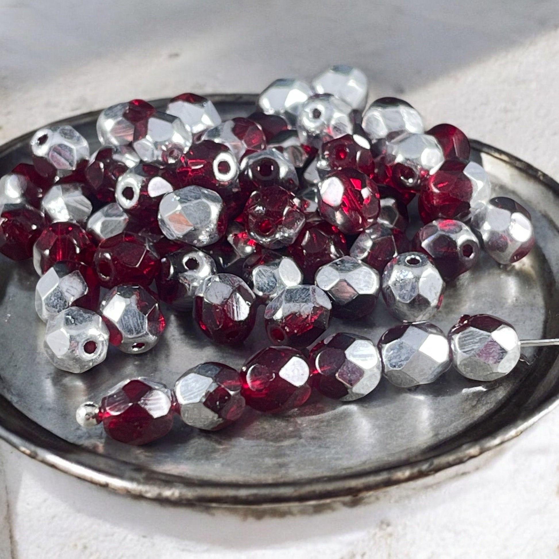 Czech Glass Beads - Transparent Ruby Red and Silver Half Tone, 6mm Faceted Round, Fire Polished Beads (FP6/9010-27001) * Qty 50