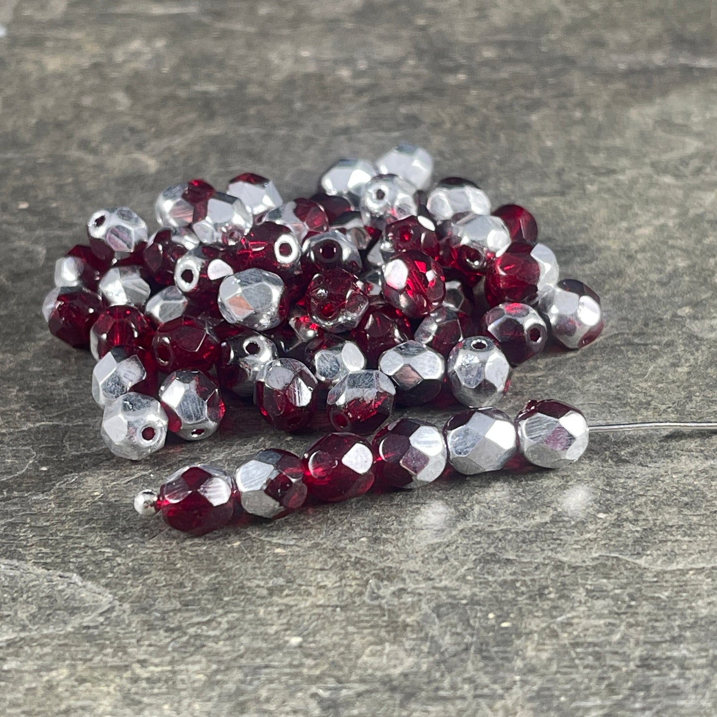 Czech Glass Beads - Transparent Ruby Red and Silver Half Tone, 6mm Faceted Round, Fire Polished Beads (FP6/9010-27001) * Qty 50