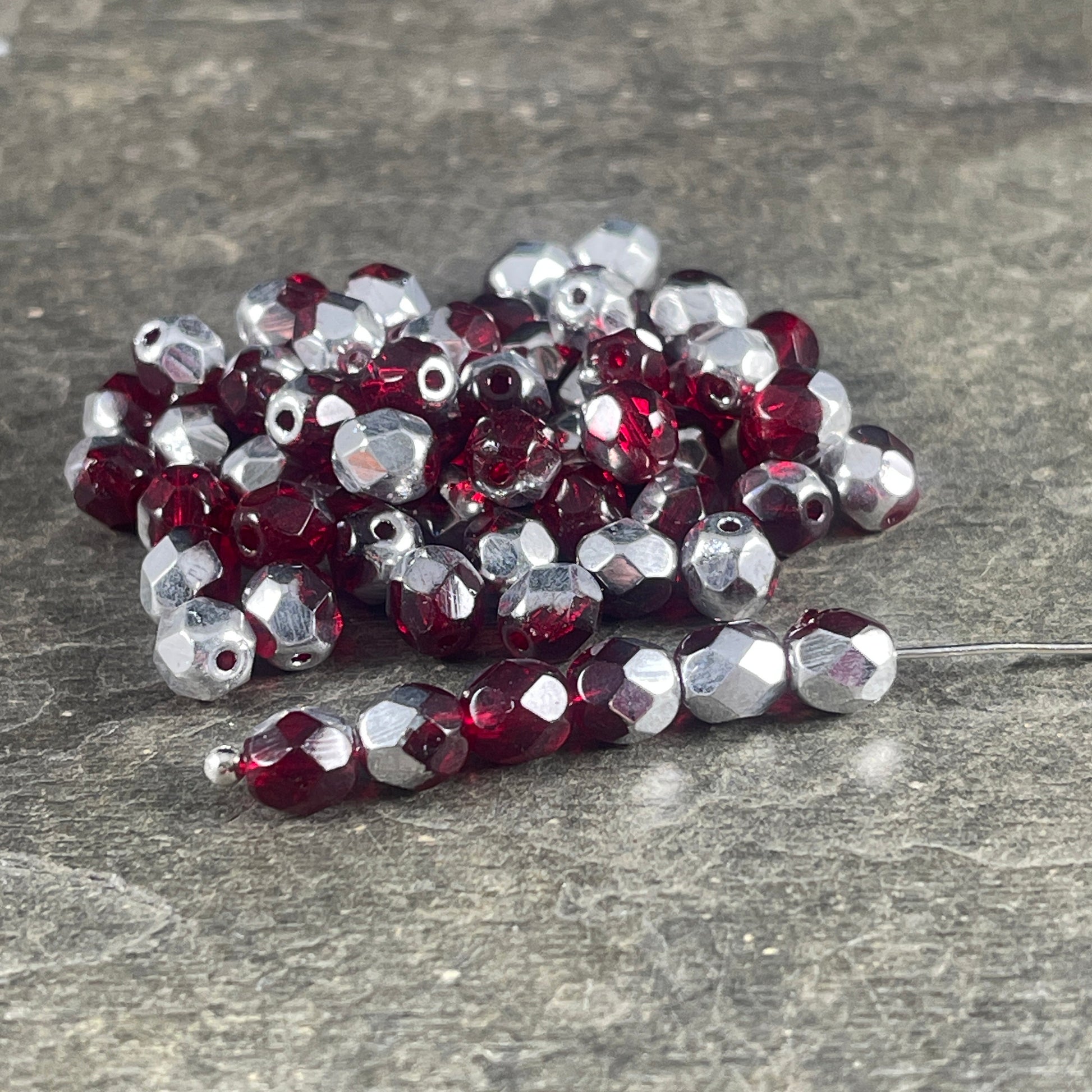 Czech Glass Beads - Transparent Ruby Red and Silver Half Tone, 6mm Faceted Round, Fire Polished Beads (FP6/9010-27001) * Qty 50