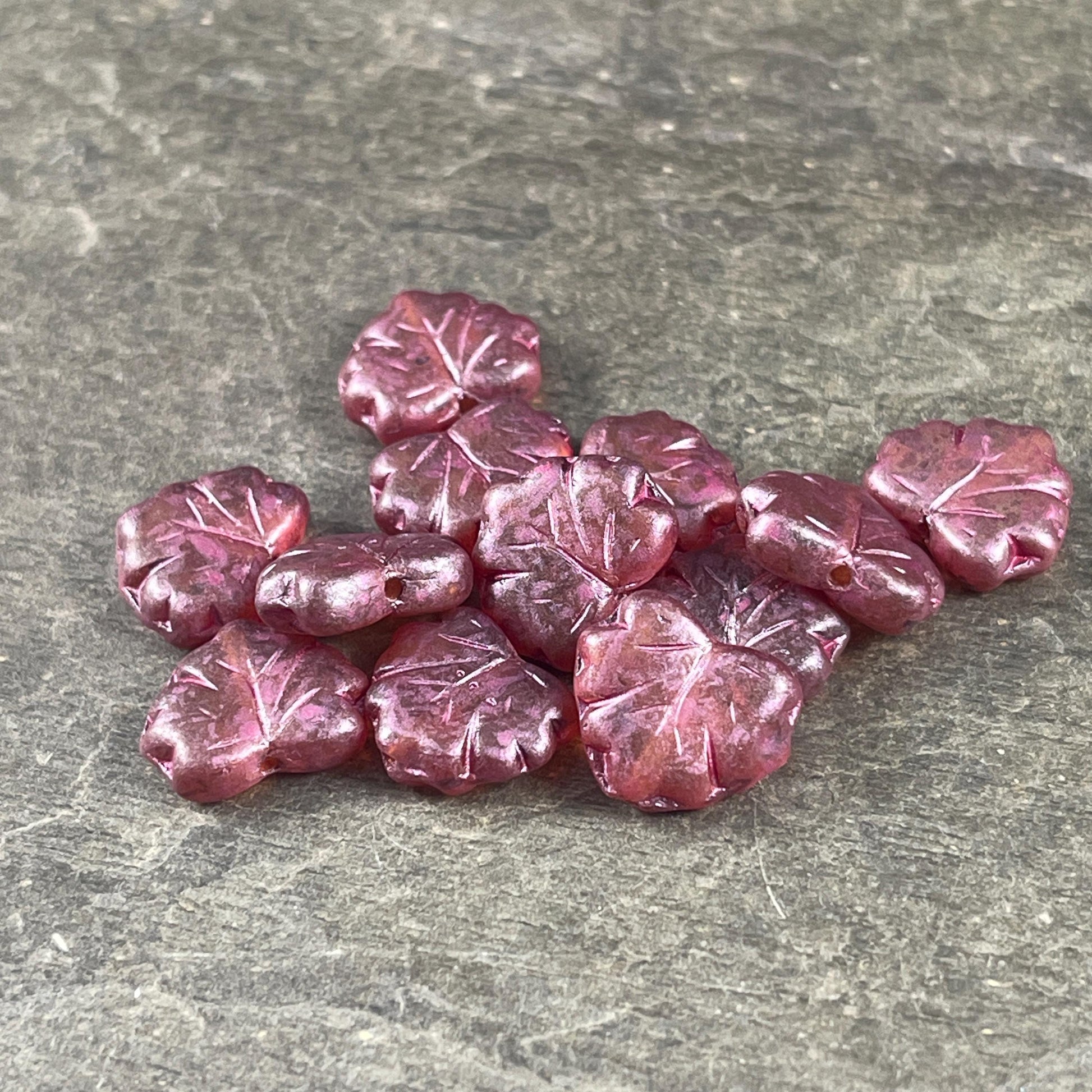 Purple Leaf Beads, Matte Transparent Raspberry 11x13mm Czech Glass Leaf Beads (ML66) * Qty. 12