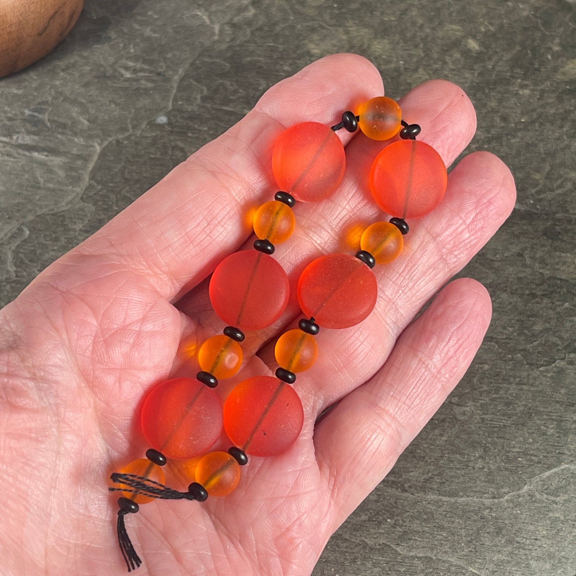 Orange Recycled Tumbled Glass, Matte Orange Glass with Black Spacers - Halloween Beads - 7 " Strand with 26 Beads