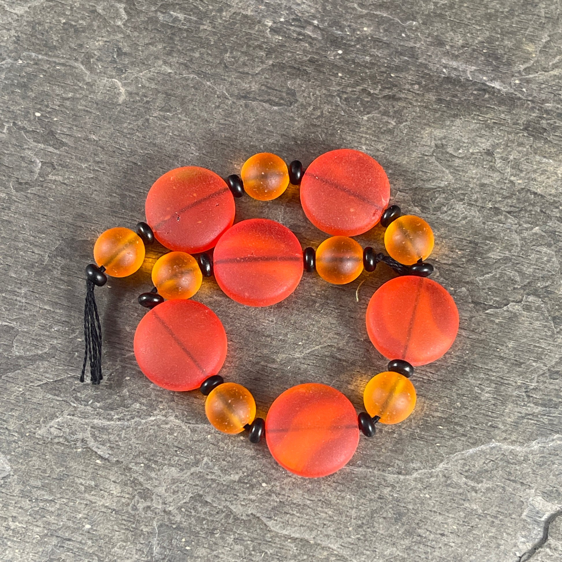 Orange Recycled Tumbled Glass, Matte Orange Glass with Black Spacers - Halloween Beads - 7 " Strand with 26 Beads