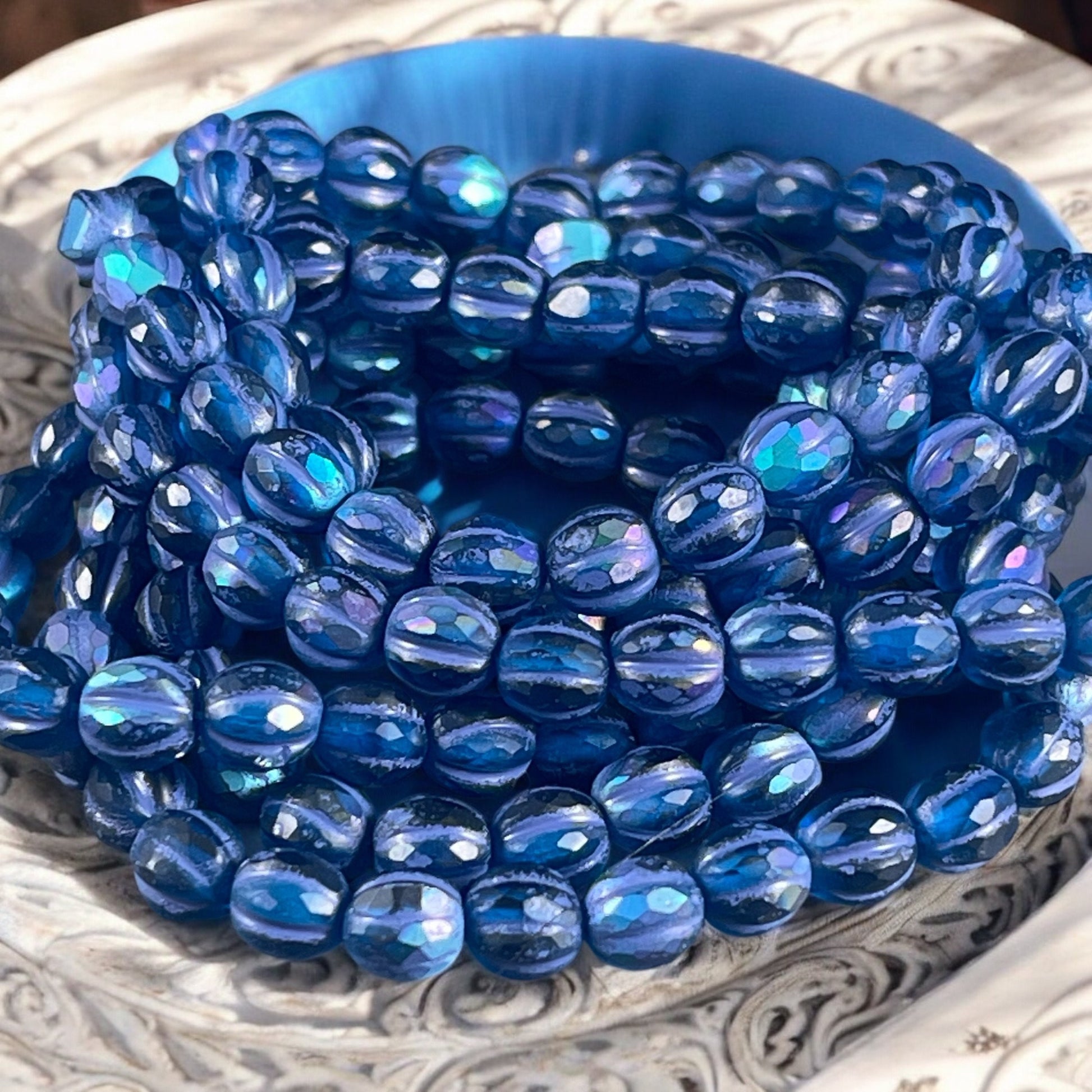 6mm Matte Pacific Blue Czech Glass Faceted Melon Shape Beads, Blue Glass with Purple Wash and AB Finish (FM6/N-2010) * Qty. 25