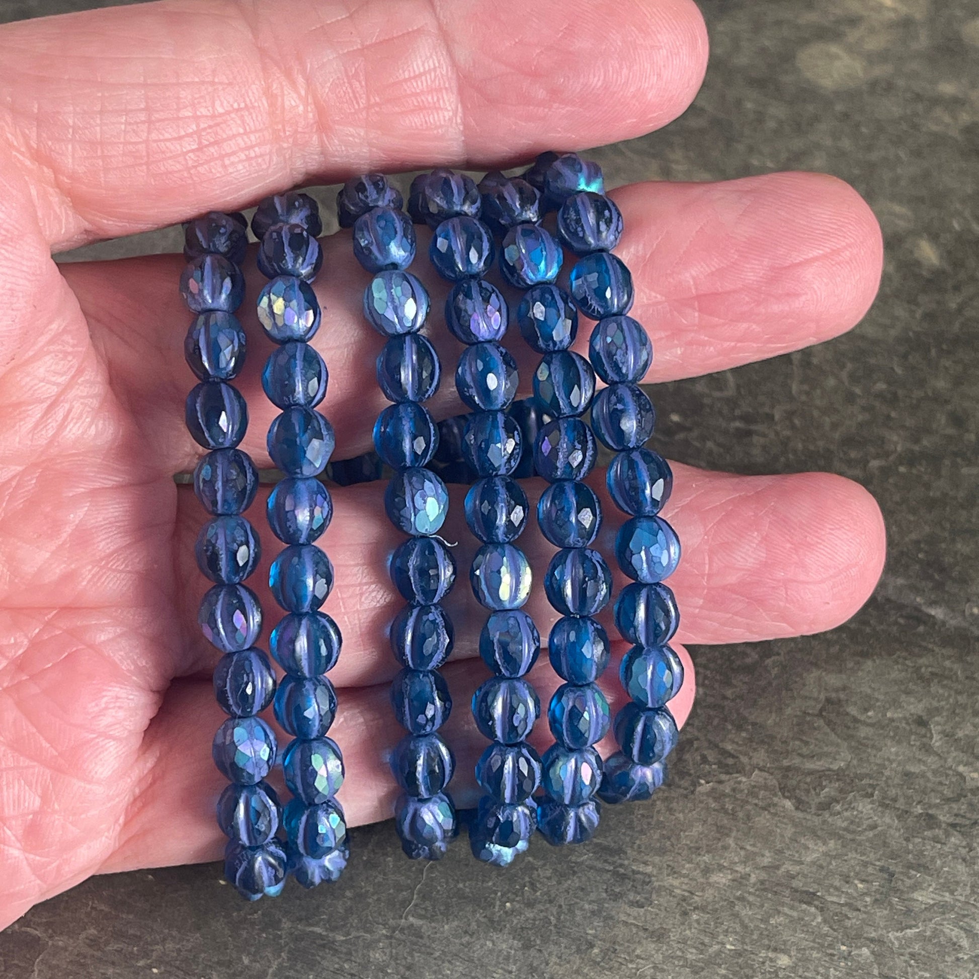 6mm Matte Pacific Blue Czech Glass Faceted Melon Shape Beads, Blue Glass with Purple Wash and AB Finish (FM6/N-2010) * Qty. 25