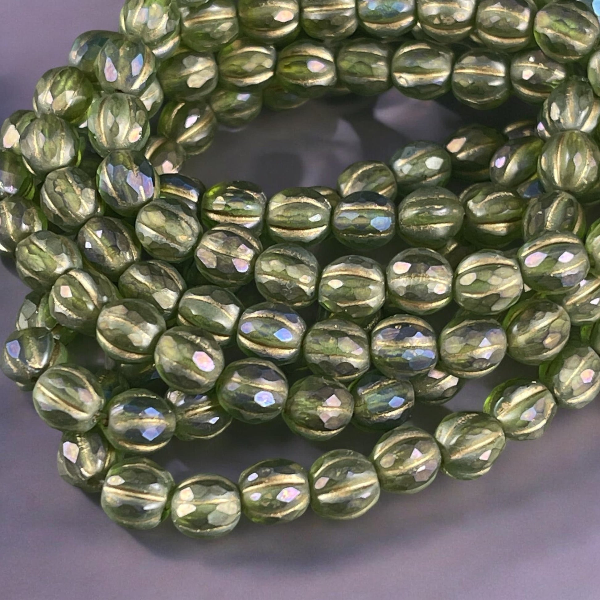 6mm Olive Green Czech Glass Faceted Melon Shape Beads, Matte Green Glass with Gold Wash and Luster Finish (FM6/N-2007) * Qty. 25