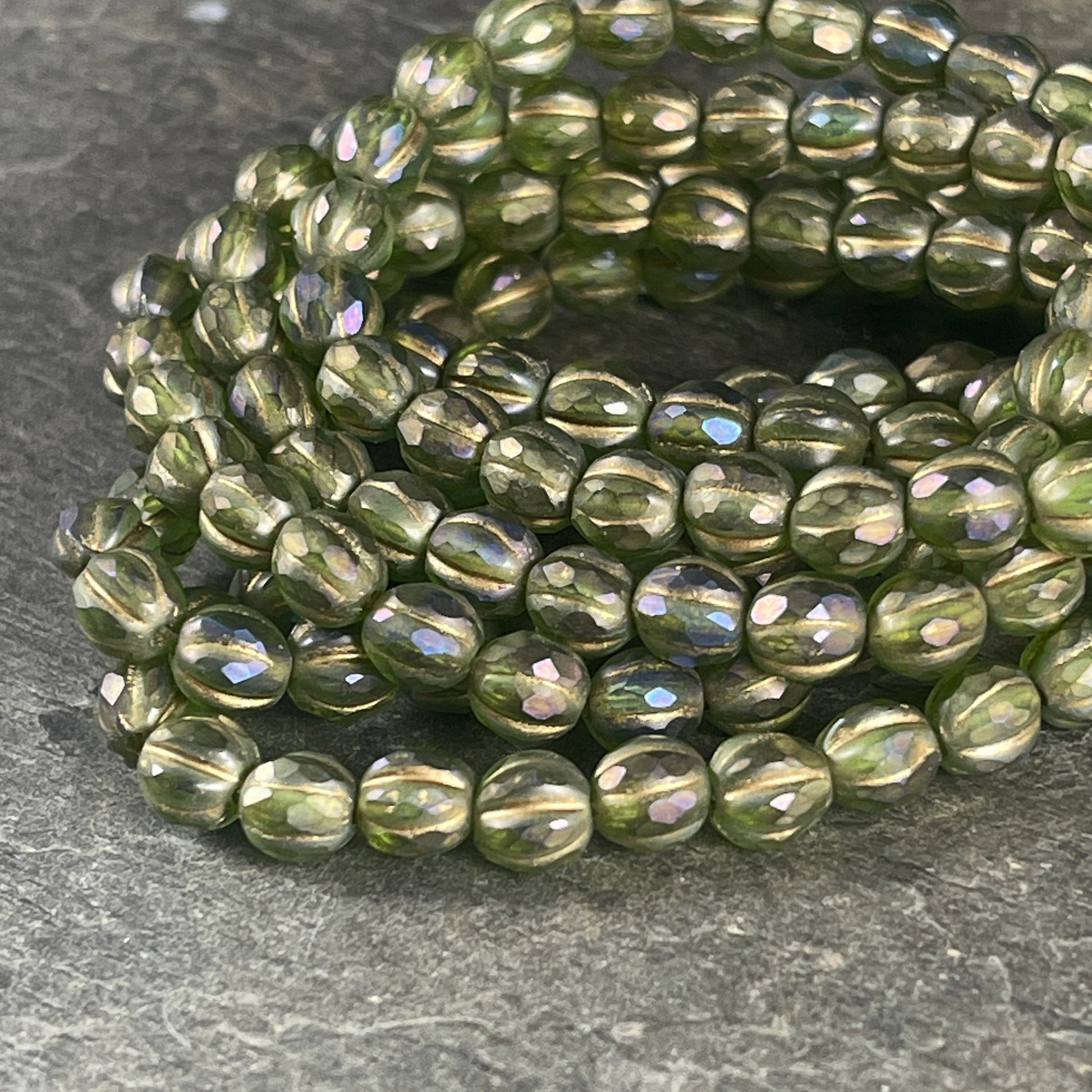 6mm Olive Green Czech Glass Faceted Melon Shape Beads, Matte Green Glass with Gold Wash and Luster Finish (FM6/N-2007) * Qty. 25