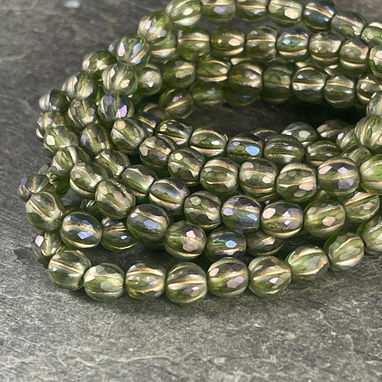 Czech Beads - 5.5mm Faceted Melon, Matte Olive Green with Gold Wash (FM6/N-2007) * 25 Beads