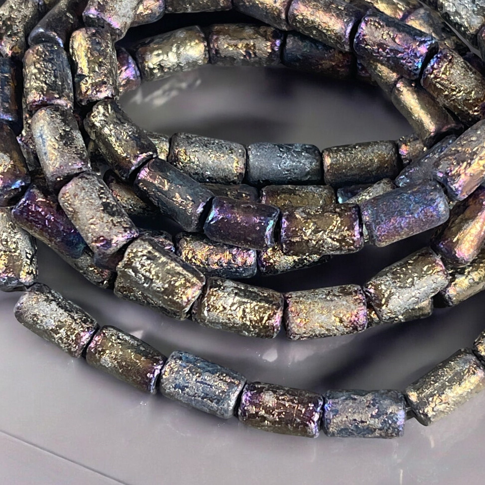 Etched Black with Gold and Purple Luster Finishes Czech Glass Beads, 9x5mm Tube Bead (TBE/N-1837) * Qty. 16