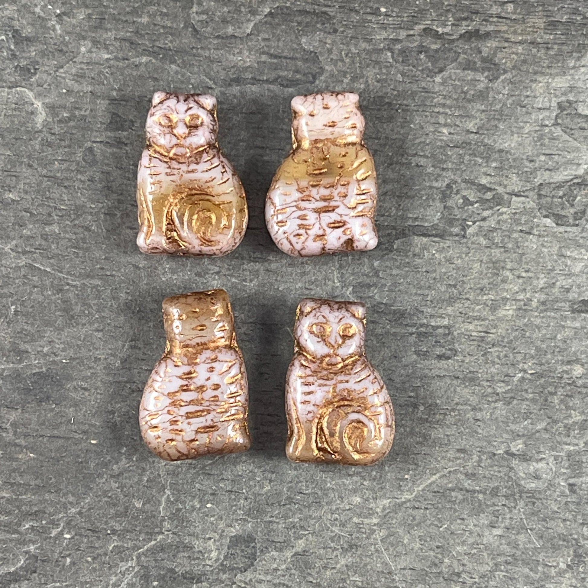 Cat Shape Czech Glass Beads, Opaque Alabaster White with Bronze Wash, Cat Beads (CAT13) * Qty. 4