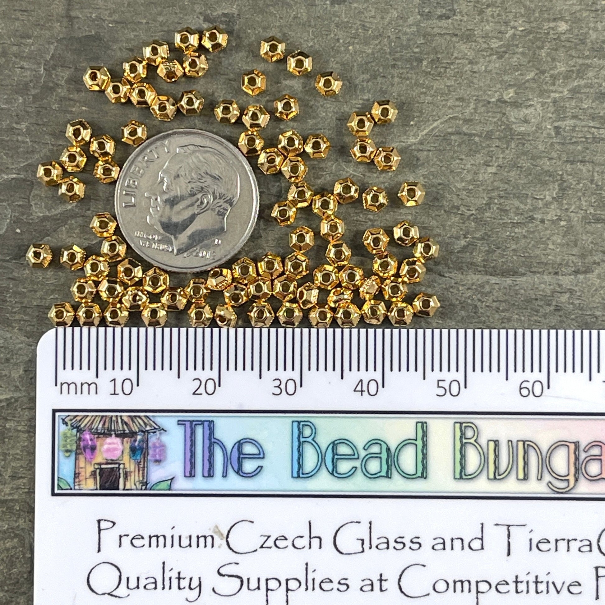 NEW TierraCast 3mm Hexagon Bead, Faceted 3mm Spacer Bead, Tiny 24k Gold Plated Bead (PF/392-12) * Qty. 50