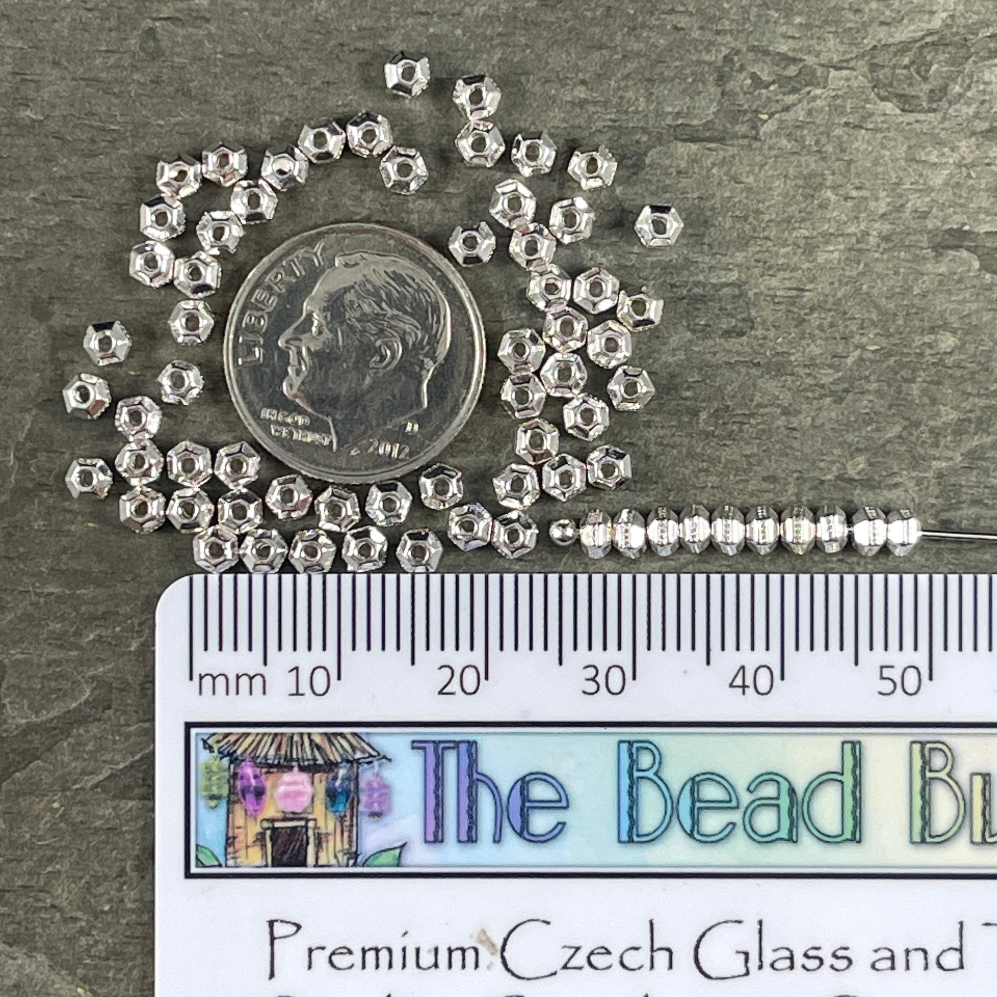 NEW TierraCast 3mm Hexagon Bead, Faceted 3mm Spacer Bead, Tiny Fine Silver Plated Bead (PF/392-10) * Qty. 50