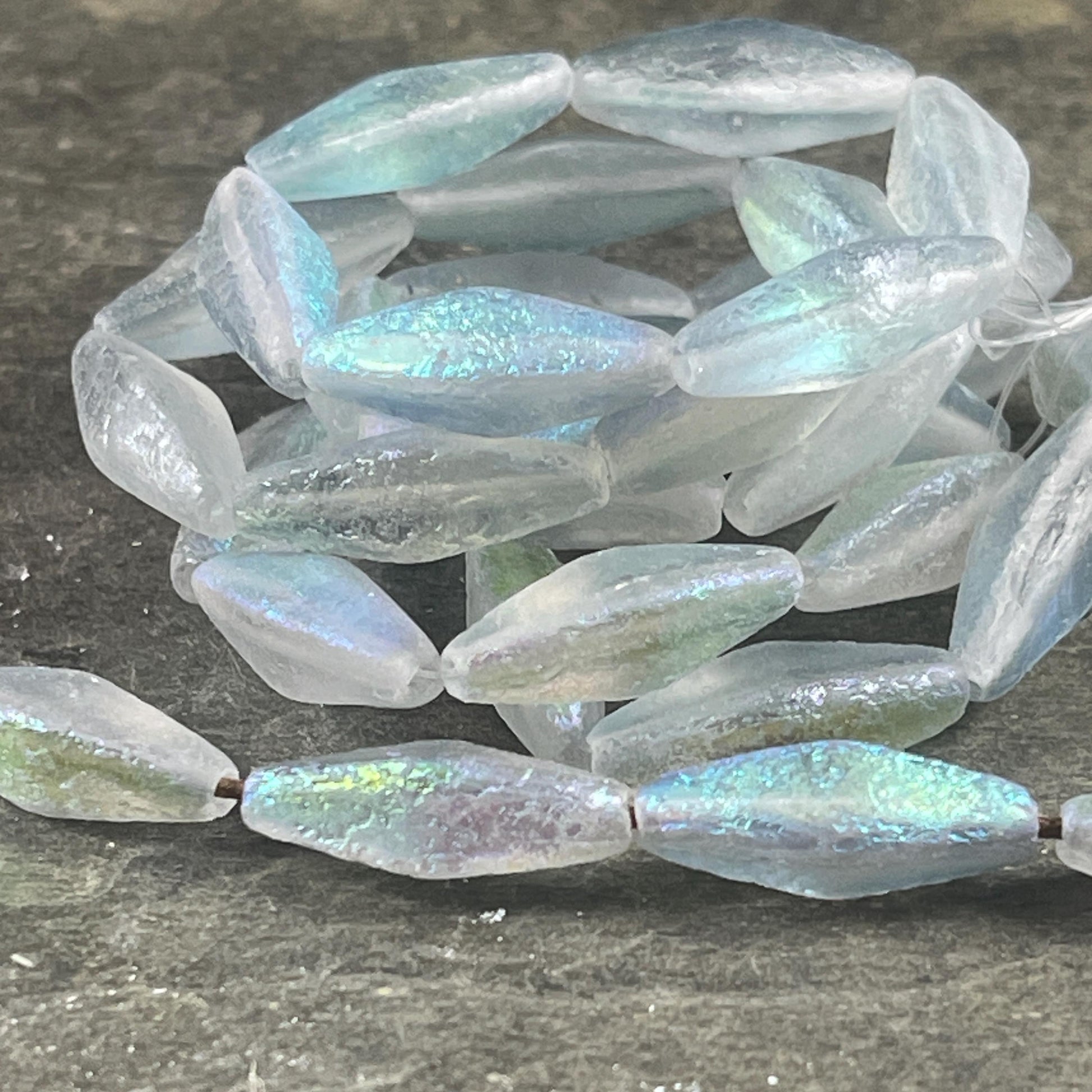 20x9mm Transparent Light Gray Elongated Spindle Bead, Etched Glass with AB Finish (RHO/1882) * Qty. 6 Beads