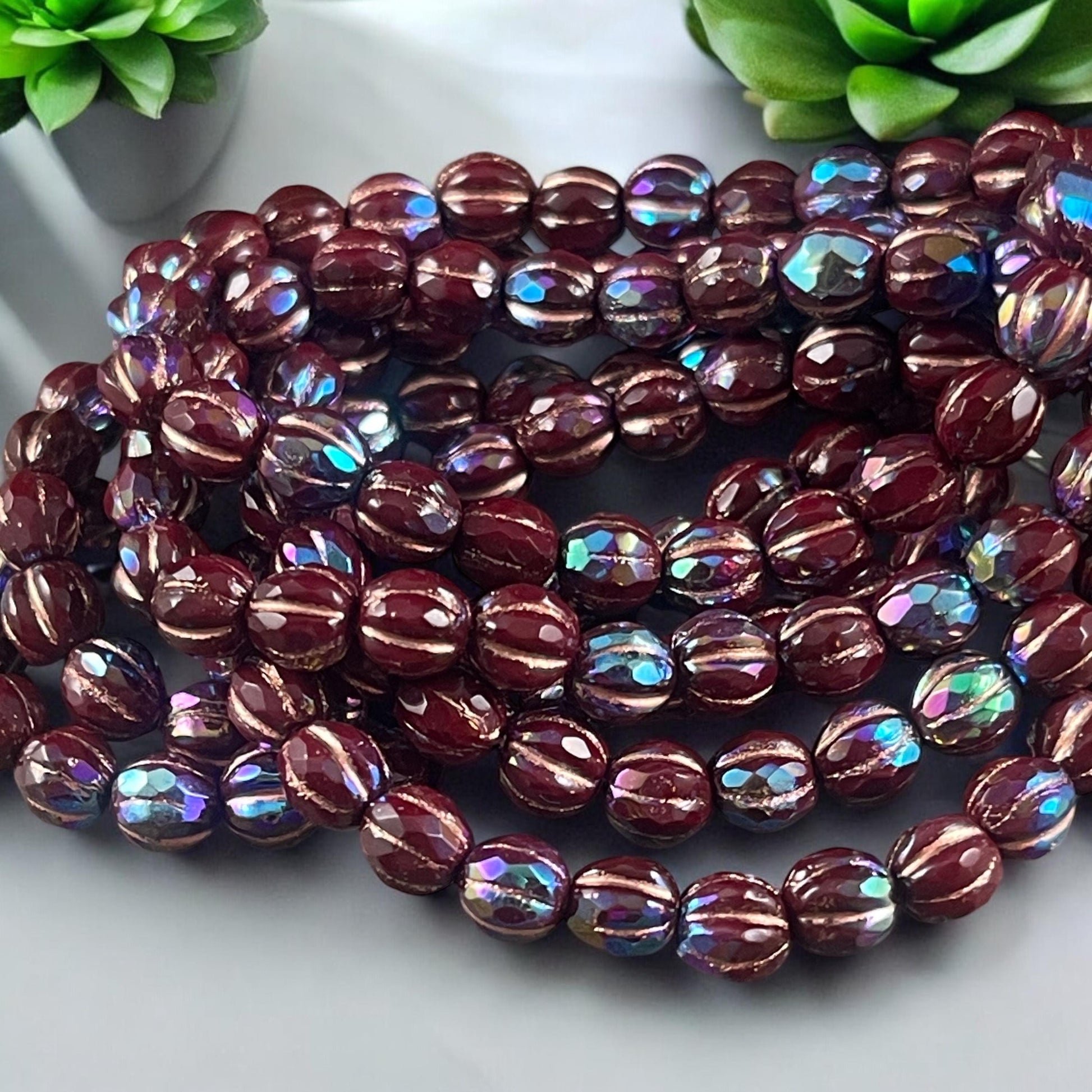 6mm Mahogany Czech Glass, Faceted Melon Shape Beads, Burgundy with AB and Copper Wash (FM6/N-0055) * 25 beads