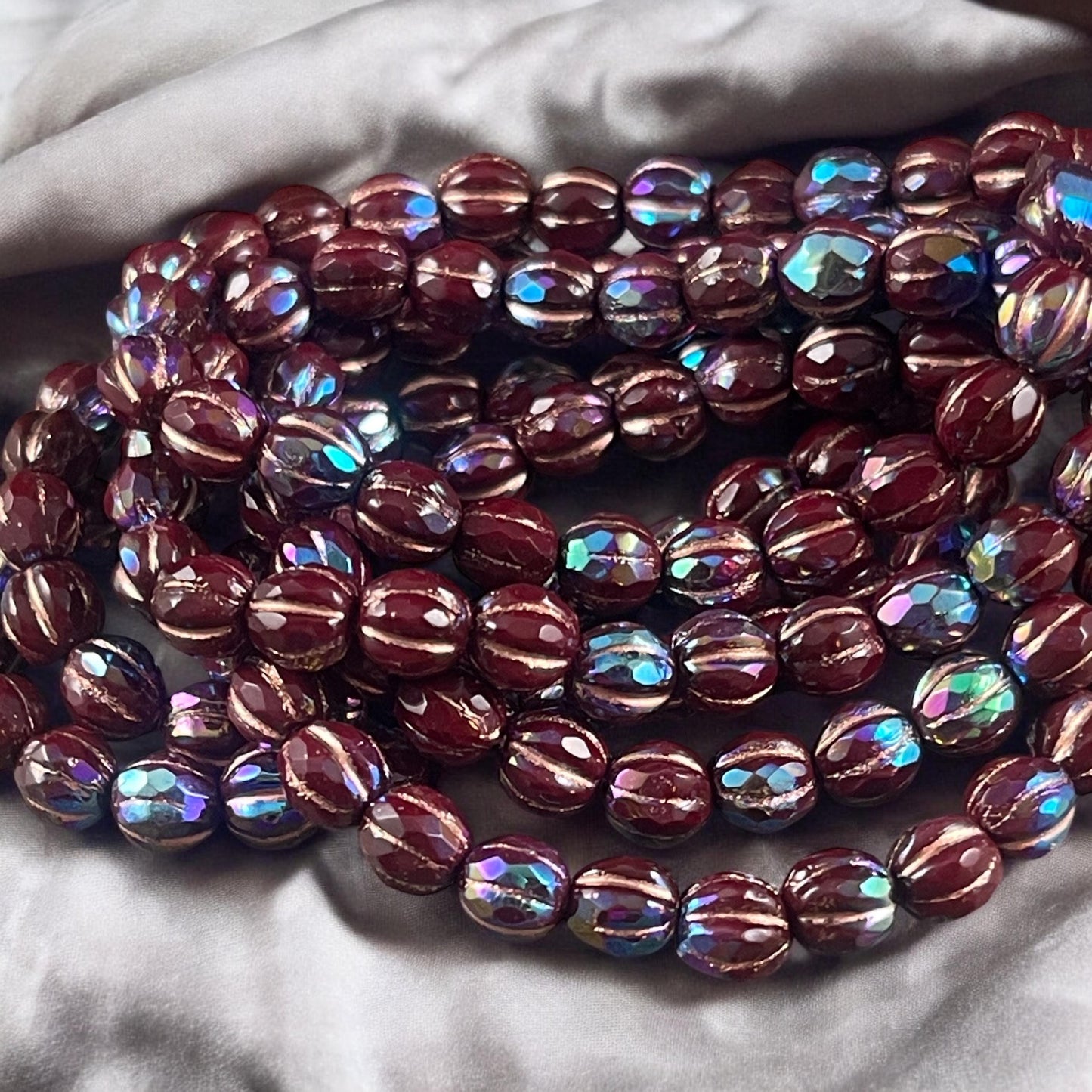 6mm Mahogany Czech Glass, Faceted Melon Shape Beads, Burgundy with AB and Copper Wash (FM6/N-0055) * 25 beads