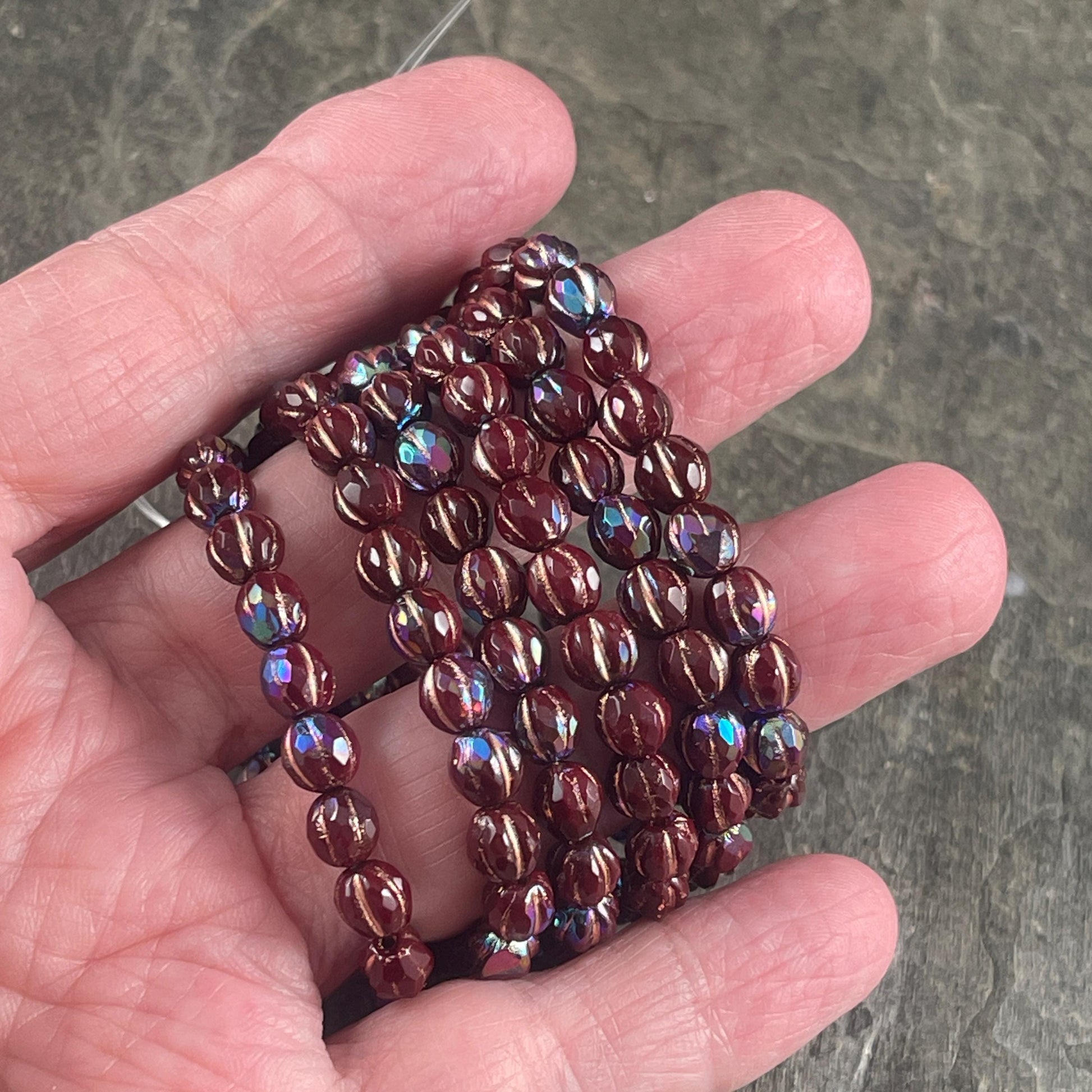 6mm Mahogany Czech Glass, Faceted Melon Shape Beads, Burgundy with AB and Copper Wash (FM6/N-0055) * 25 beads