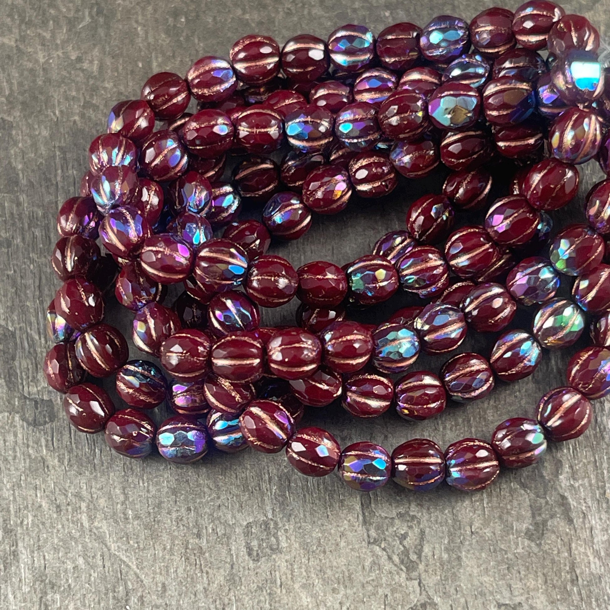 6mm Mahogany Czech Glass, Faceted Melon Shape Beads, Burgundy with AB and Copper Wash (FM6/N-0055) * 25 beads