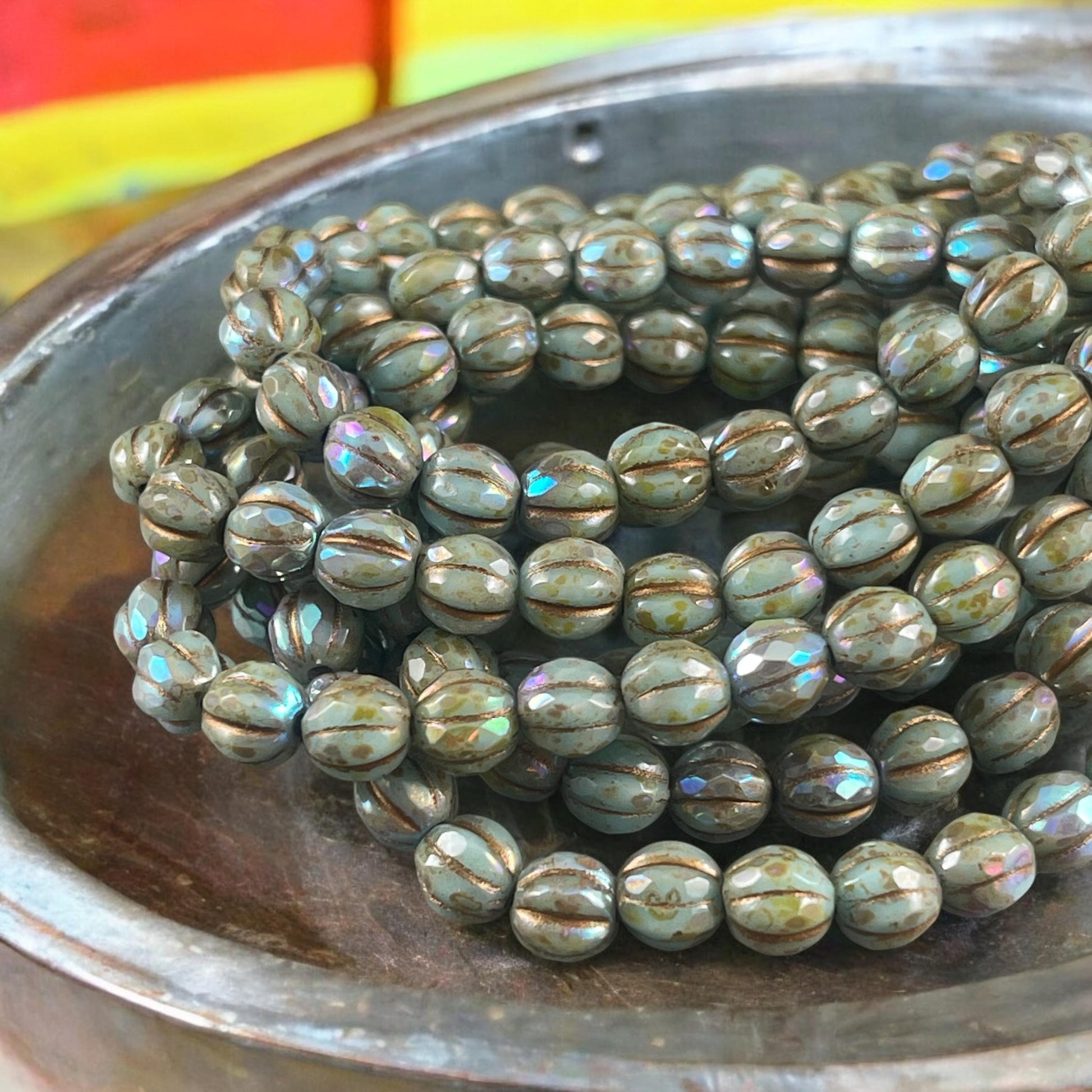 6mm Picasso Czech Glass, Faceted Melon Shape Beads, Tea Green with Picasso and AB Finish (FM6/N-0056) * 25 Beads