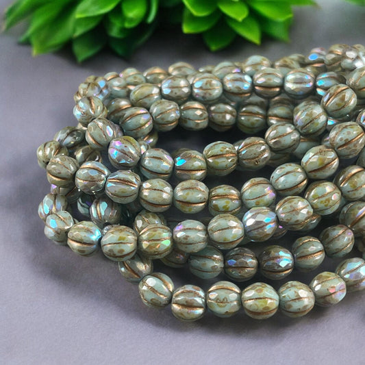 Czech Glass Beads - 5.5mm Faceted Melon Shape Beads, Tea Green with Picasso and AB Finish (FM6/N-0056) * 25 Beads