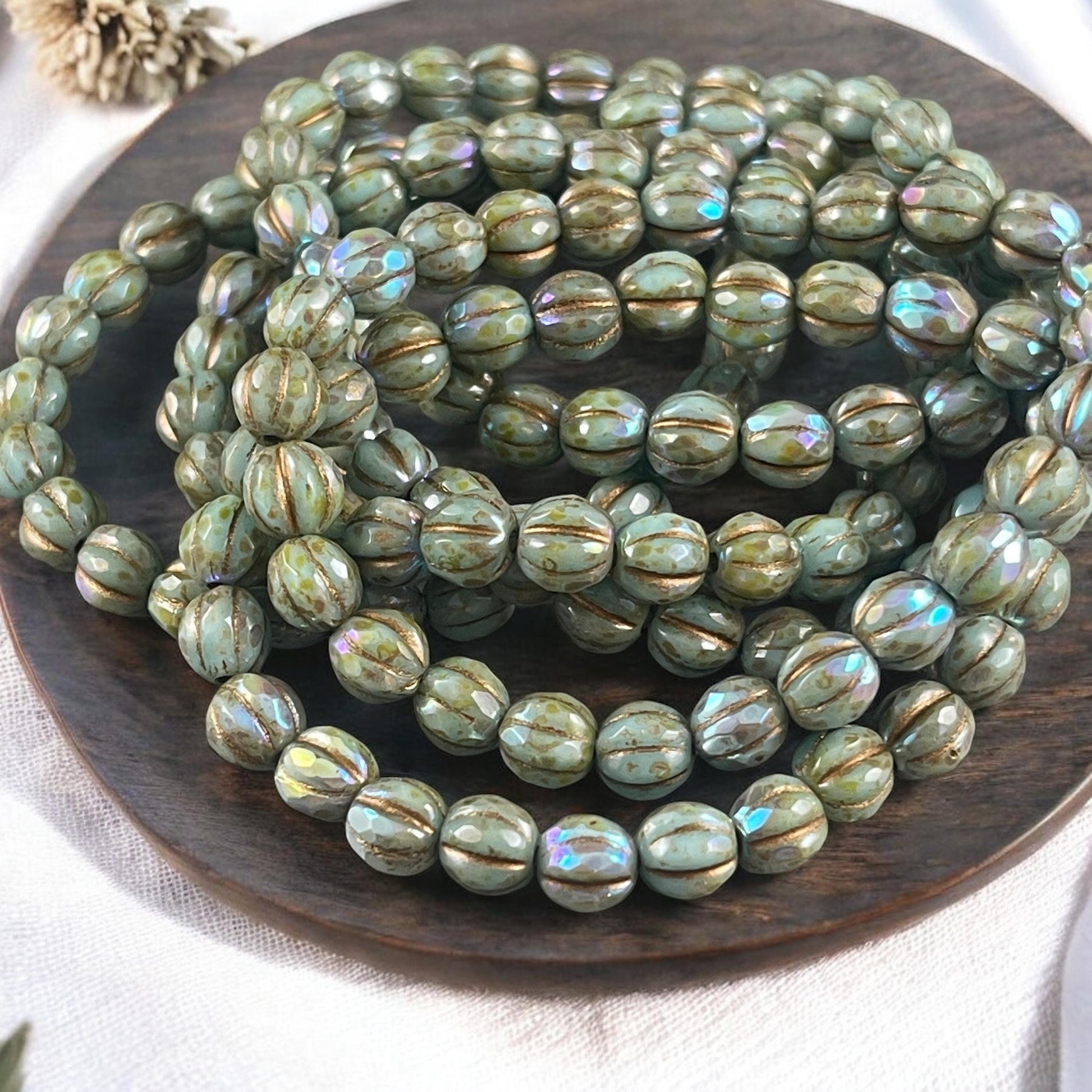 6mm Picasso Czech Glass, Faceted Melon Shape Beads, Tea Green with Picasso and AB Finish (FM6/N-0056) * 25 Beads
