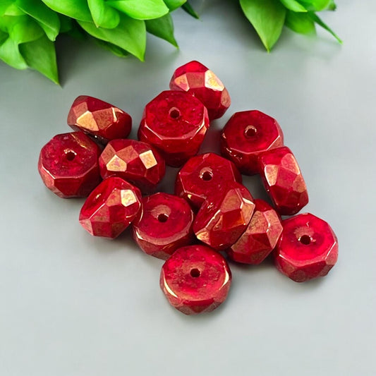 6mm Opaque Red Faceted Heishi Rondelle, Czech Glass Beads, Ruby Red with Golden Luster (FHE/N-0640) * 15 Beads