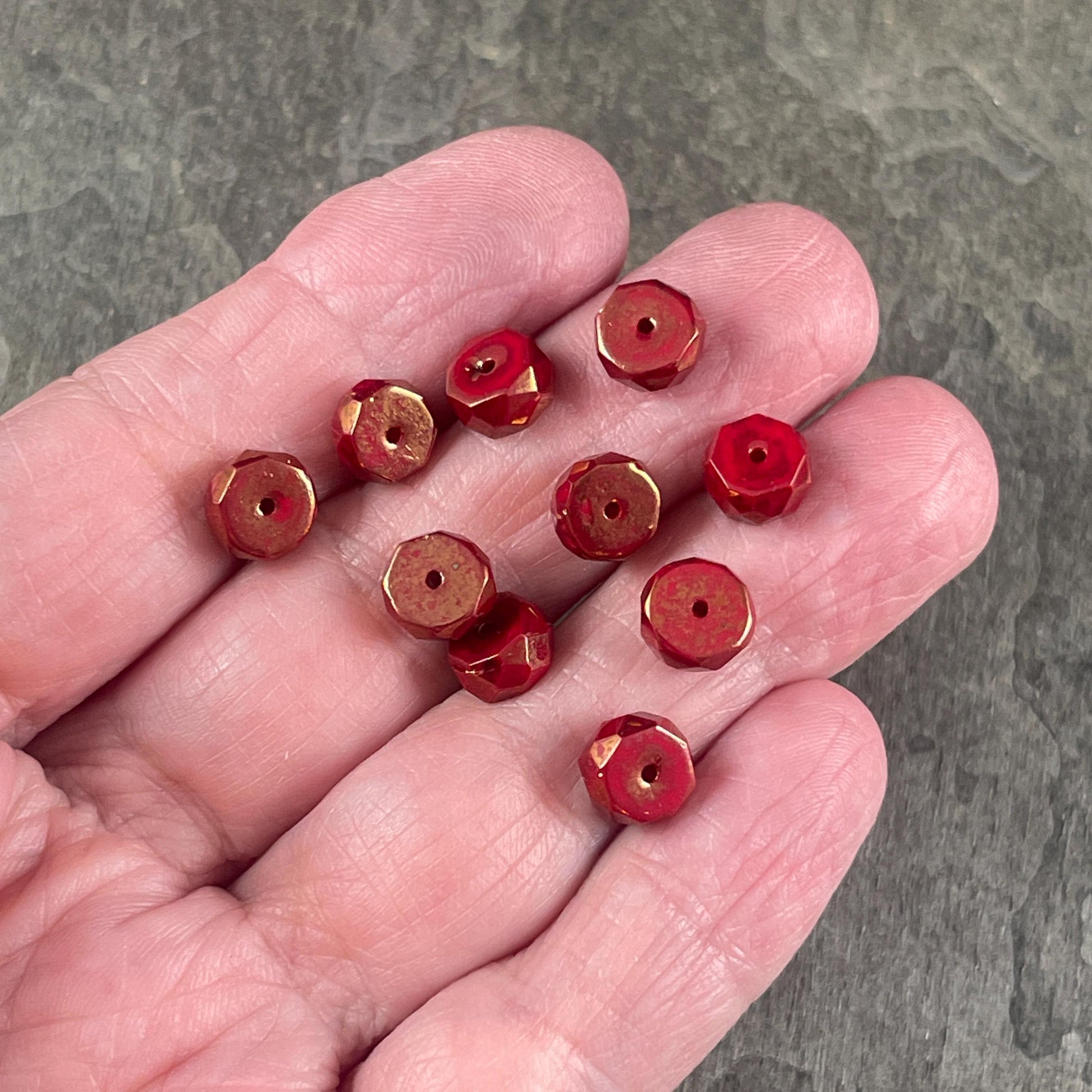 6mm Opaque Red Faceted Heishi Rondelle, Czech Glass Beads, Ruby Red with Golden Luster (FHE/N-0640) * 15 Beads