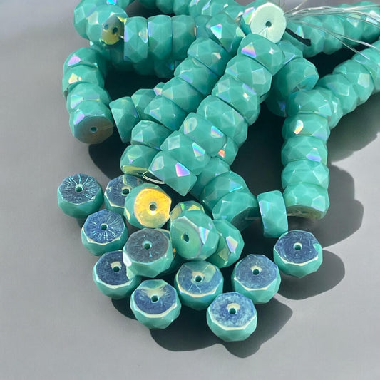 Czech Glass Beads - 6mm Opaque Turquoise Faceted Heishi Rondelle, Turquoise with AB Finish (FHE/N-0628) * 15 Beads