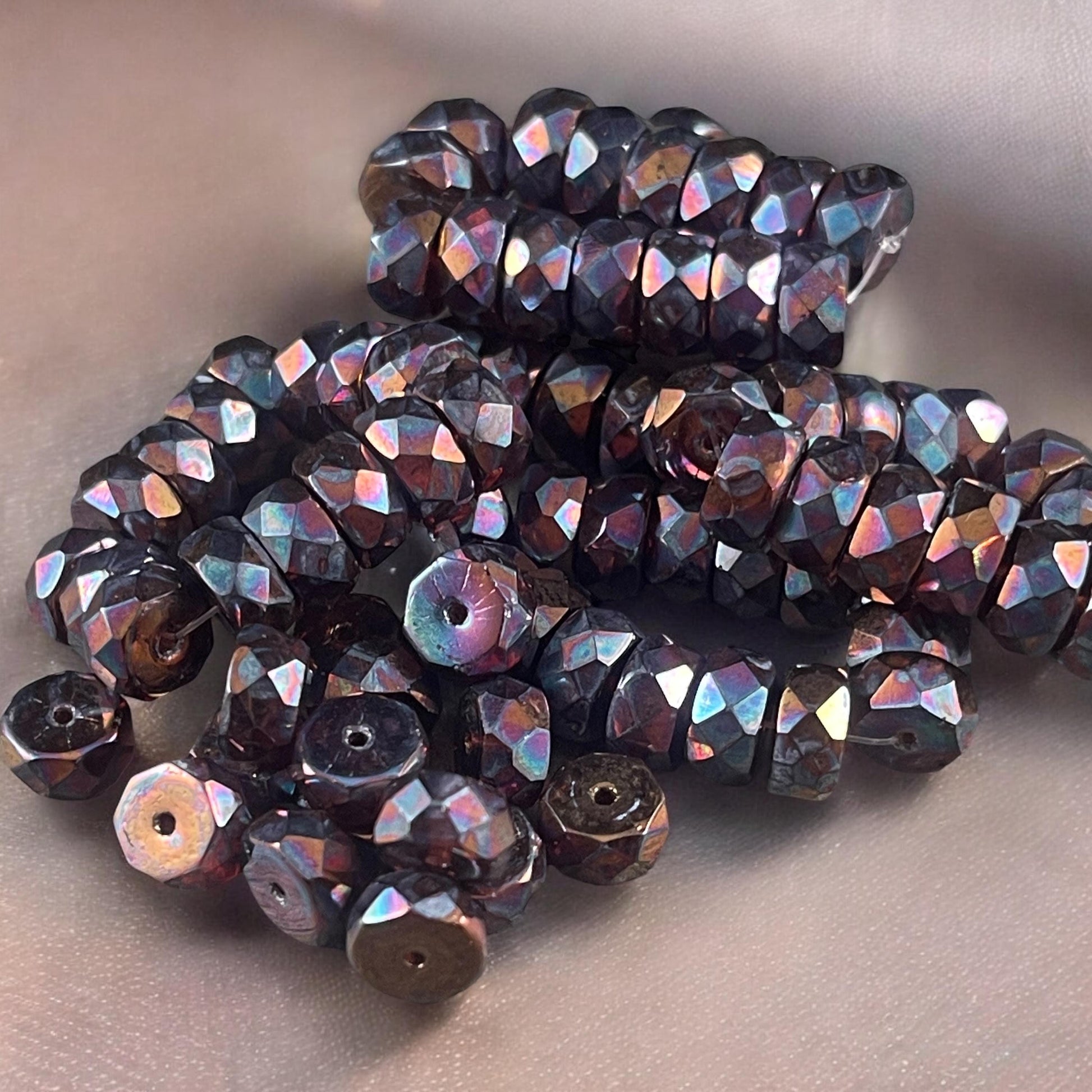 6mm Root Beer Brown Faceted Heishi Rondelle, Czech Glass Beads, Brown with Iridescent Finish (FHE/N-0026) * 15 Beads