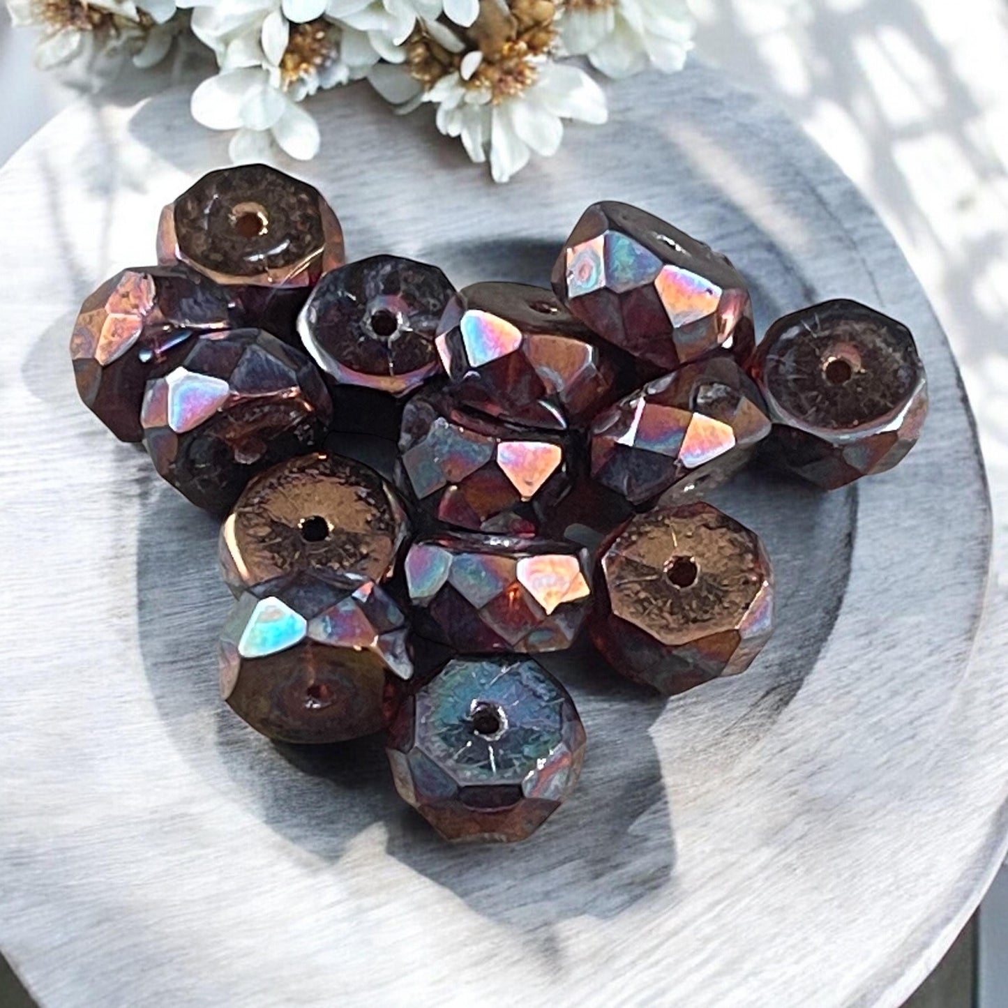 Czech Glass Beads - 6mm Root Beer Brown Faceted Heishi Rondelle, Brown with Iridescent Finish (FHE/N-0026) * 15 Beads