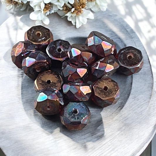 Czech Glass Beads - 6mm Root Beer Brown Faceted Heishi Rondelle, Brown with Iridescent Finish (FHE/N-0026) * 15 Beads
