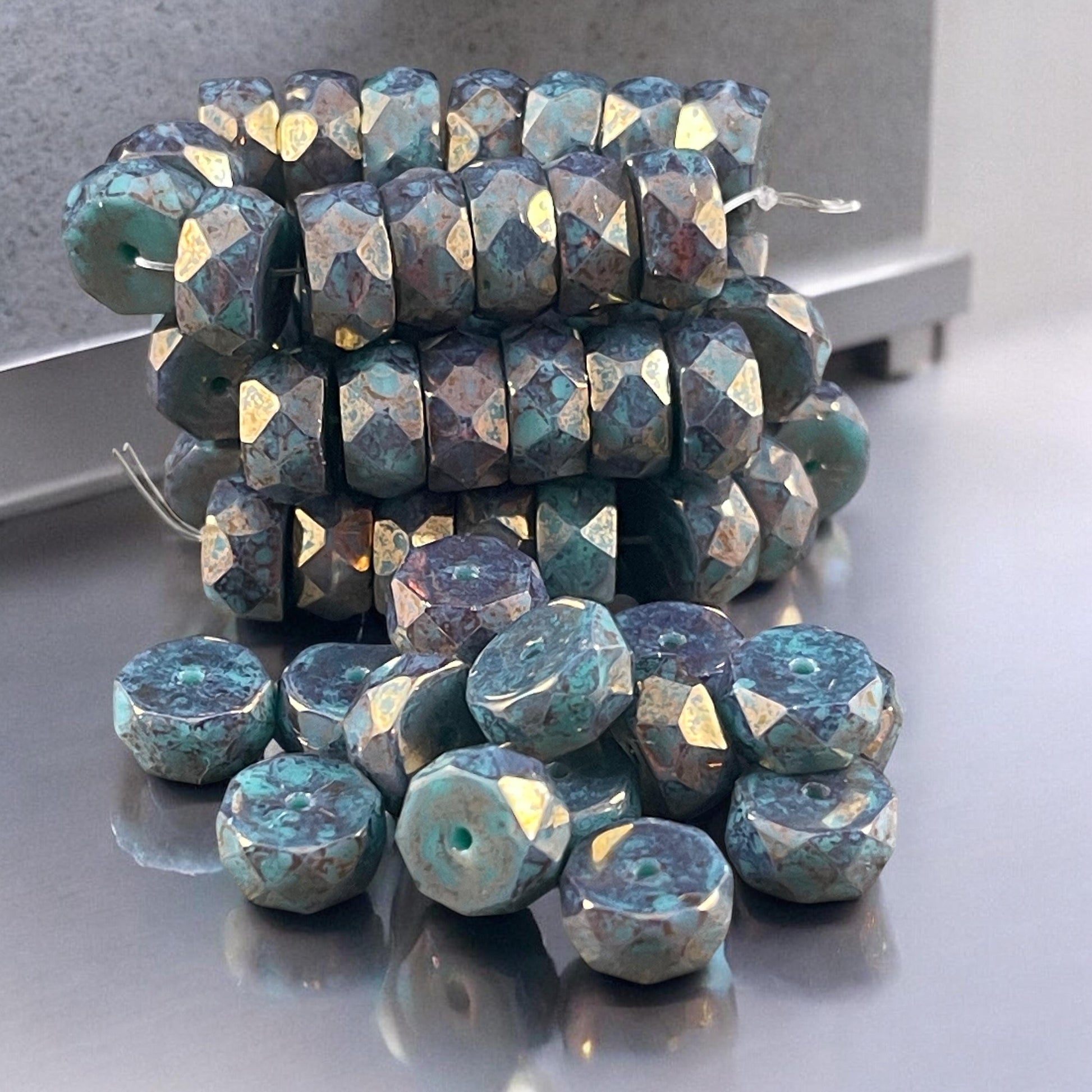 6mm Bronzed Teal Blue Faceted Heishi Rondelle, Czech Glass Beads, Teal with Indigo Bronze Picasso Finish (FHE/N-0374) * 15 Beads