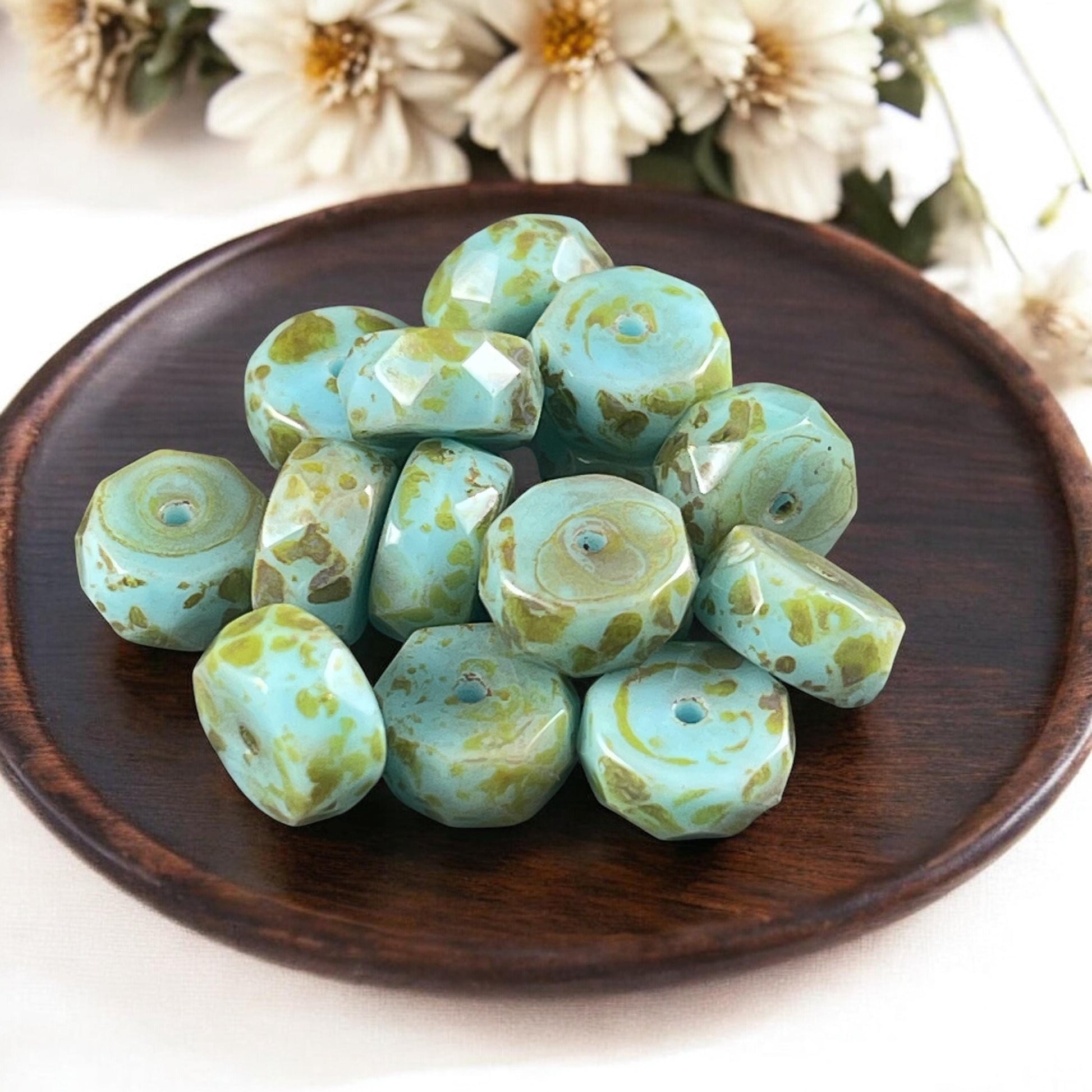 Czech Glass Beads - 6mm Sky Blue Picasso Faceted Heishi Rondelle, Light Blue Picasso Beads (FHE/N-0138) * 15 Beads