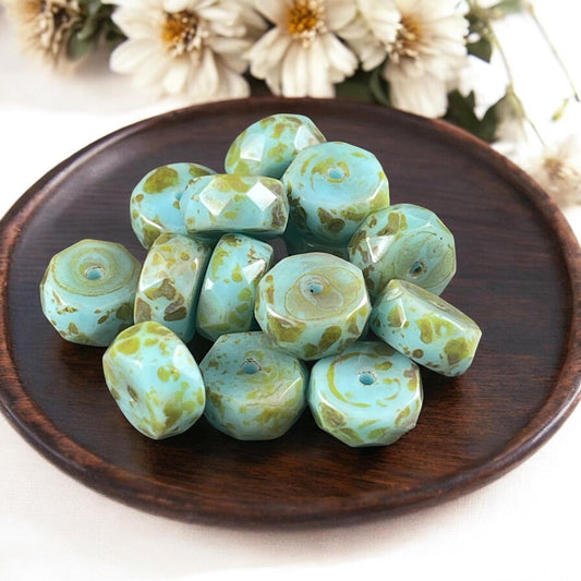 Czech Glass Beads - 6mm Sky Blue Picasso Faceted Heishi Rondelle, Light Blue Picasso Beads (FHE/N-0138) * 15 Beads