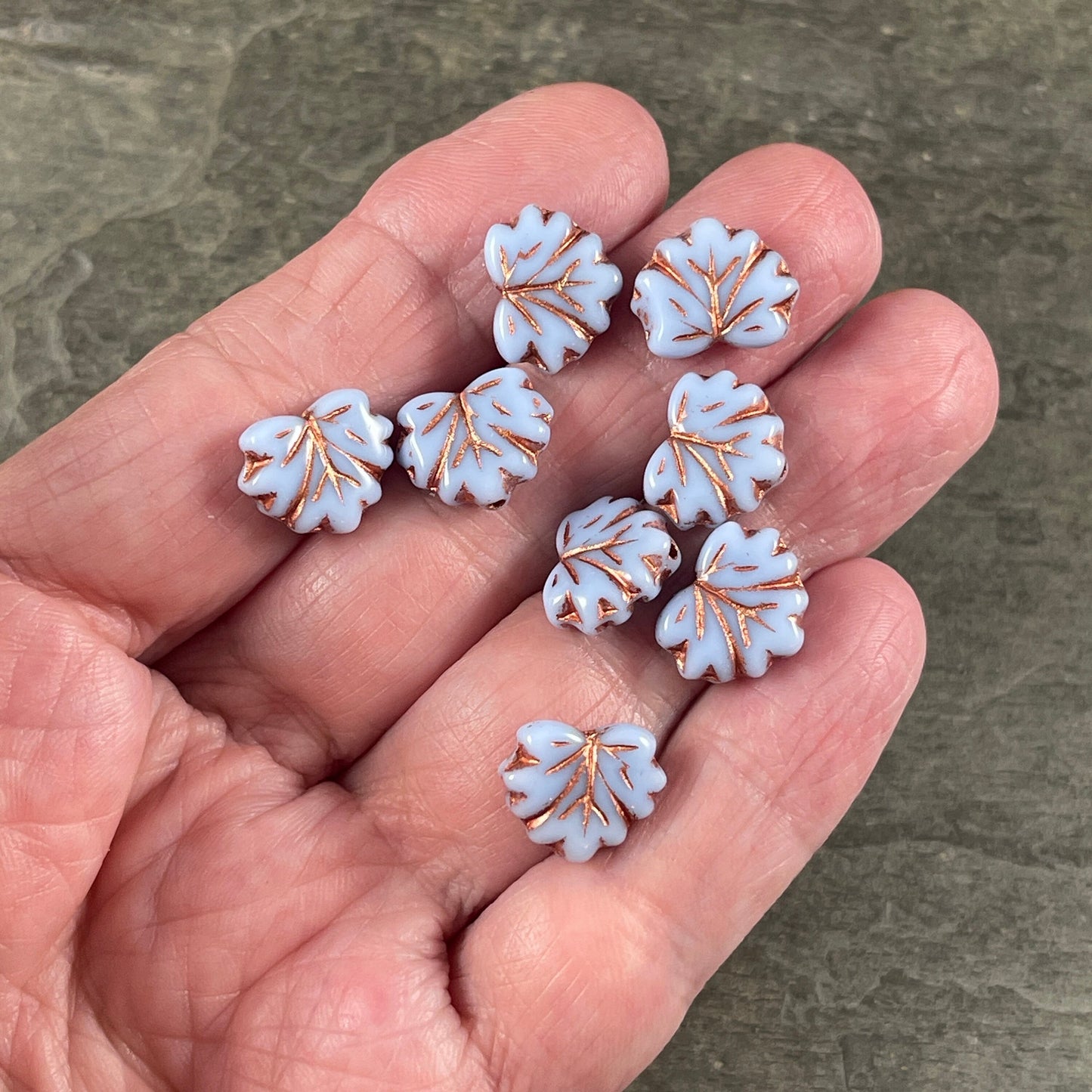 Periwinkle Maple Leaf Beads, 11x13mm Czech Glass Leaf Beads, Periwinkle Leaf with Copper Wash (ML75) * Qty. 12