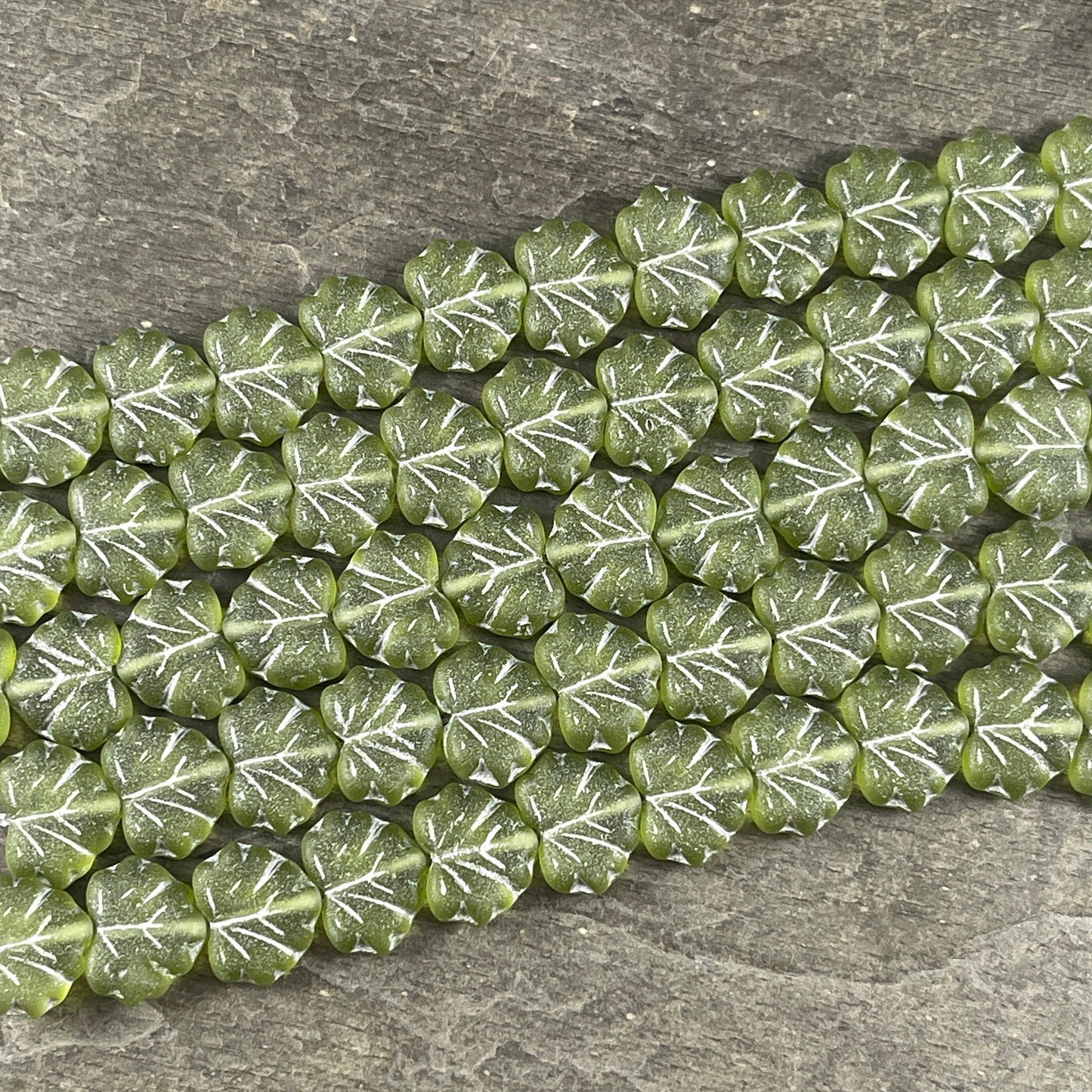 Green Maple Leaf Beads, 11x13mm Czech Glass Leaf Beads, Matte Peridot Green Leaf with Silver Wash (ML81) * Qty. 12