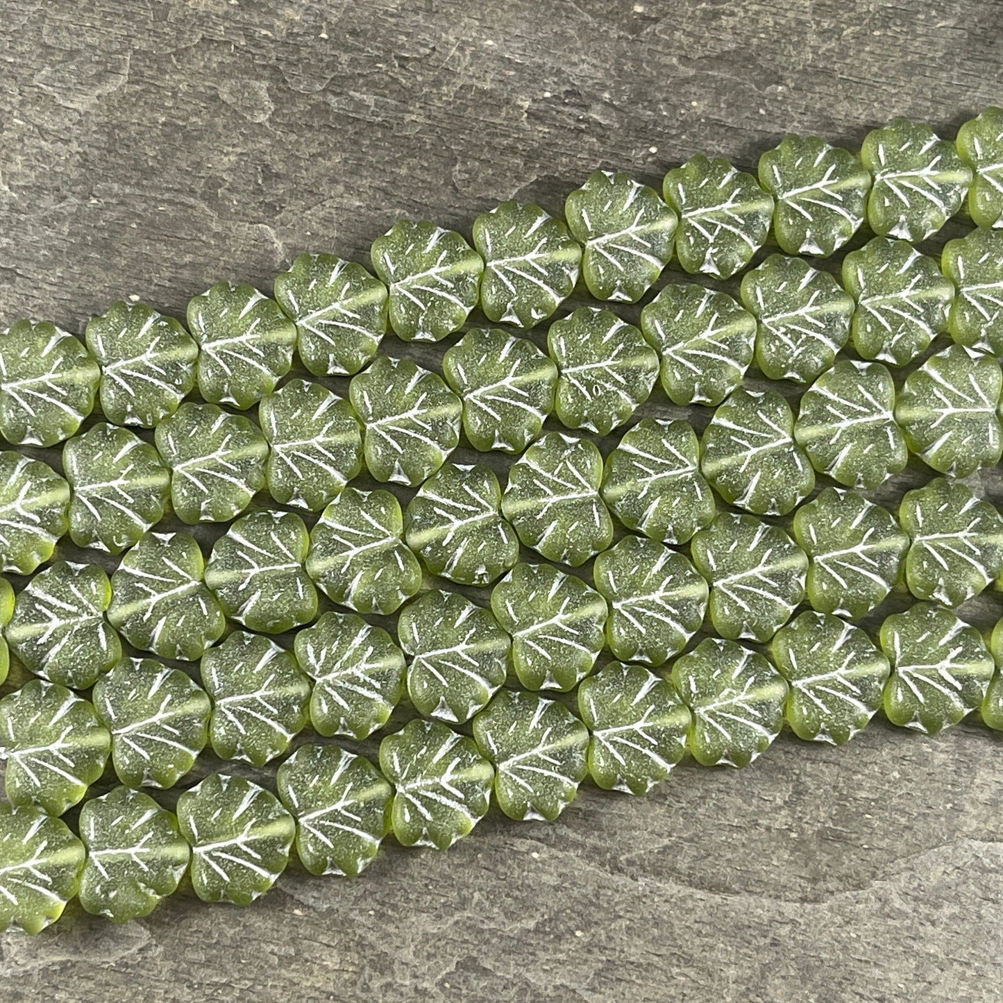 Czech Glass - 10x13mm Maple Leaf Beads, Matte Peridot Green with Silver Wash (ML81) * Qty. 12