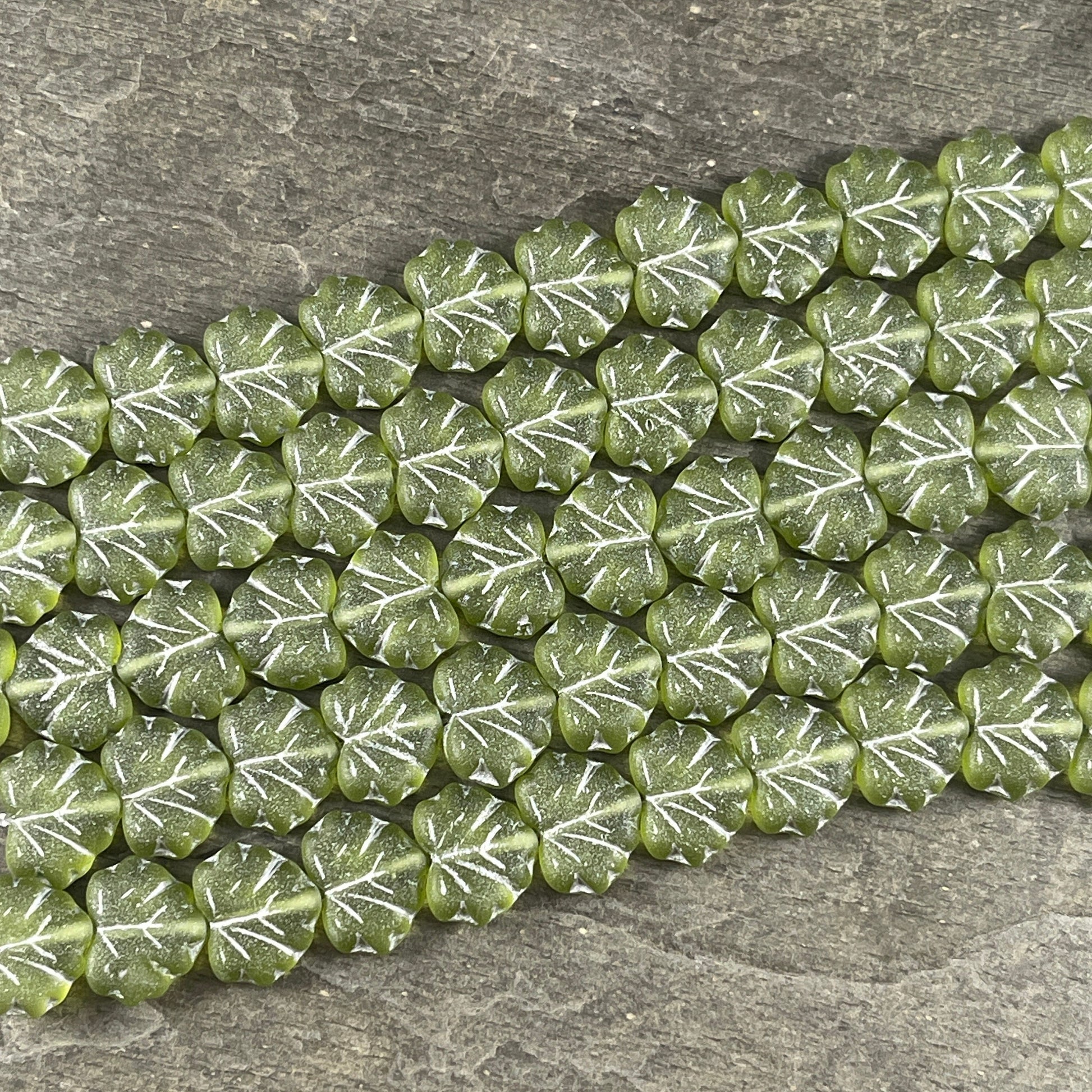 Czech Glass - 10x13mm Maple Leaf Beads, Matte Peridot Green with Silver Wash (ML81) * Qty. 12
