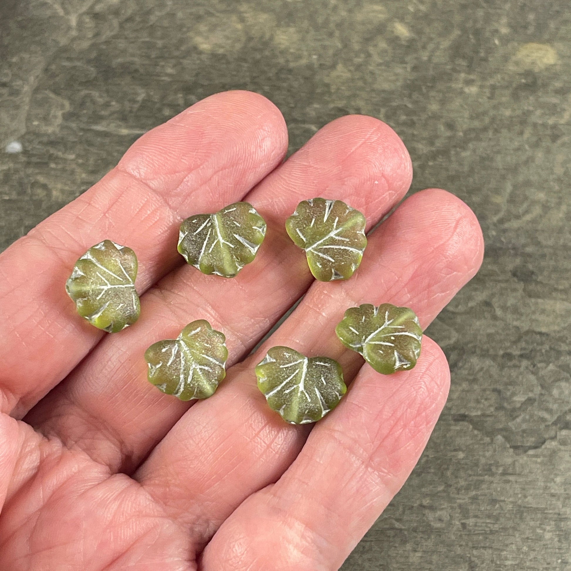 Green Maple Leaf Beads, 11x13mm Czech Glass Leaf Beads, Matte Peridot Green Leaf with Silver Wash (ML81) * Qty. 12