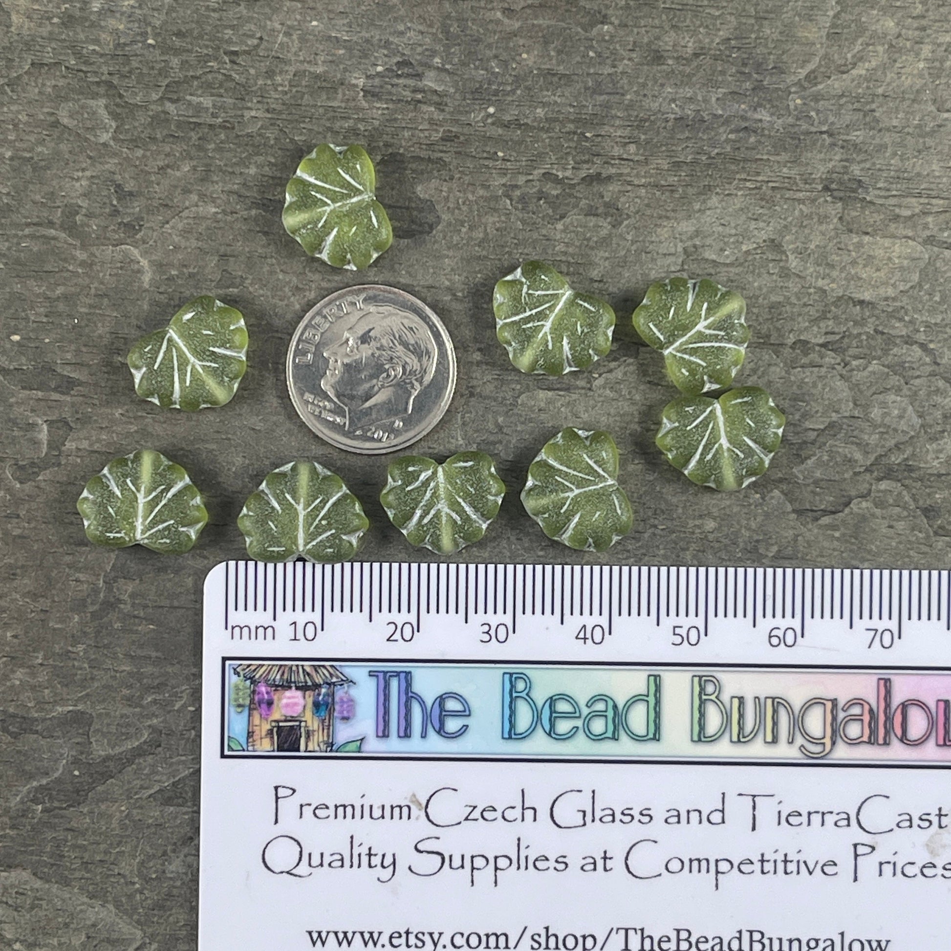 Green Maple Leaf Beads, 11x13mm Czech Glass Leaf Beads, Matte Peridot Green Leaf with Silver Wash (ML81) * Qty. 12