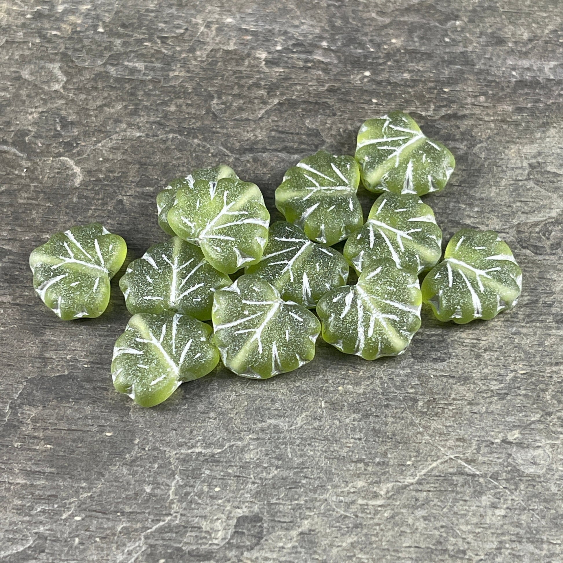 Green Maple Leaf Beads, 11x13mm Czech Glass Leaf Beads, Matte Peridot Green Leaf with Silver Wash (ML81) * Qty. 12