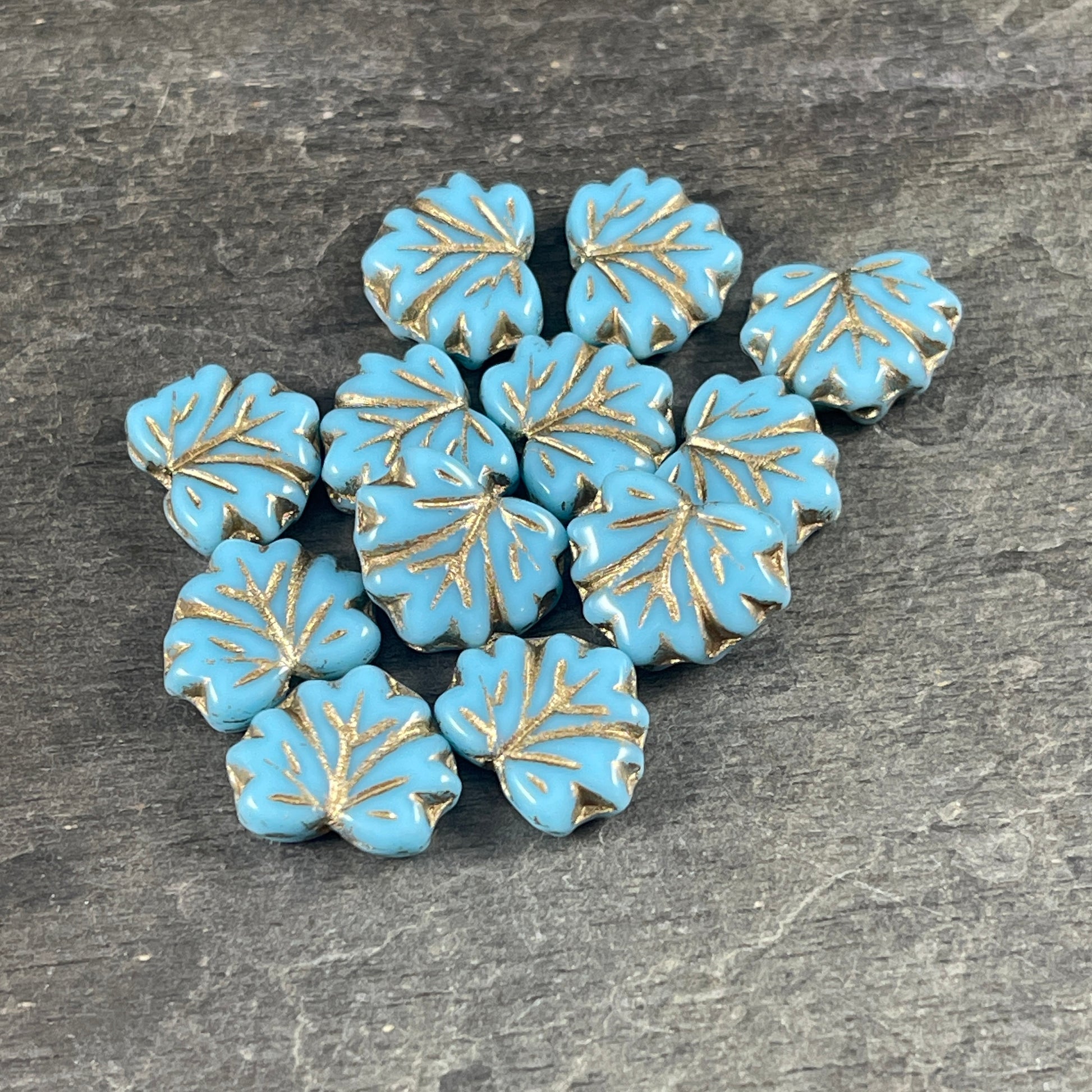 Light Blue Maple Leaf Beads, 11x13mm Czech Glass Beads, Opaque Light Blue Glass with Gold Wash (ML79) * Qty. 12