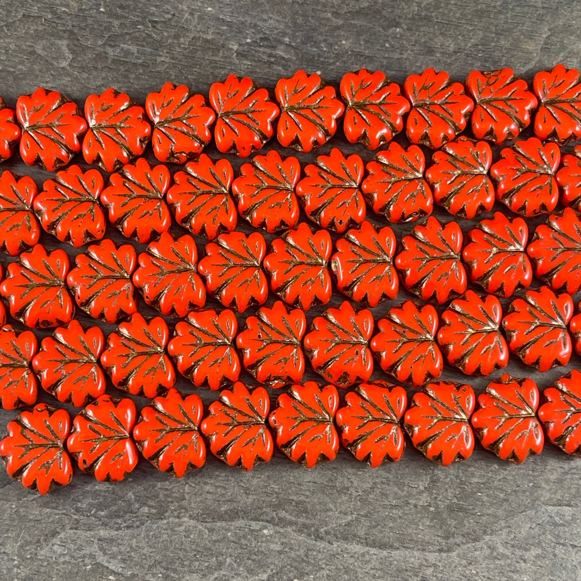 Dark Orange Maple Leaf Beads, Opaque Orange with Bronze Wash 11x13mm Czech Glass Leaf Beads (ML71) * Qty. 12