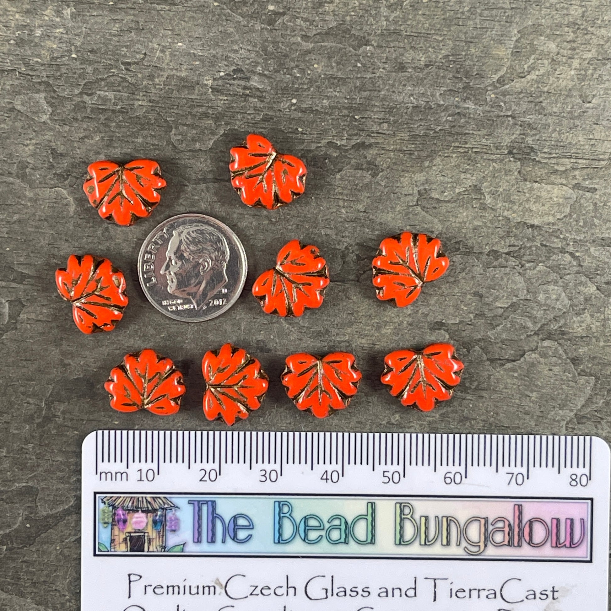 Dark Orange Maple Leaf Beads, Opaque Orange with Bronze Wash 11x13mm Czech Glass Leaf Beads (ML71) * Qty. 12