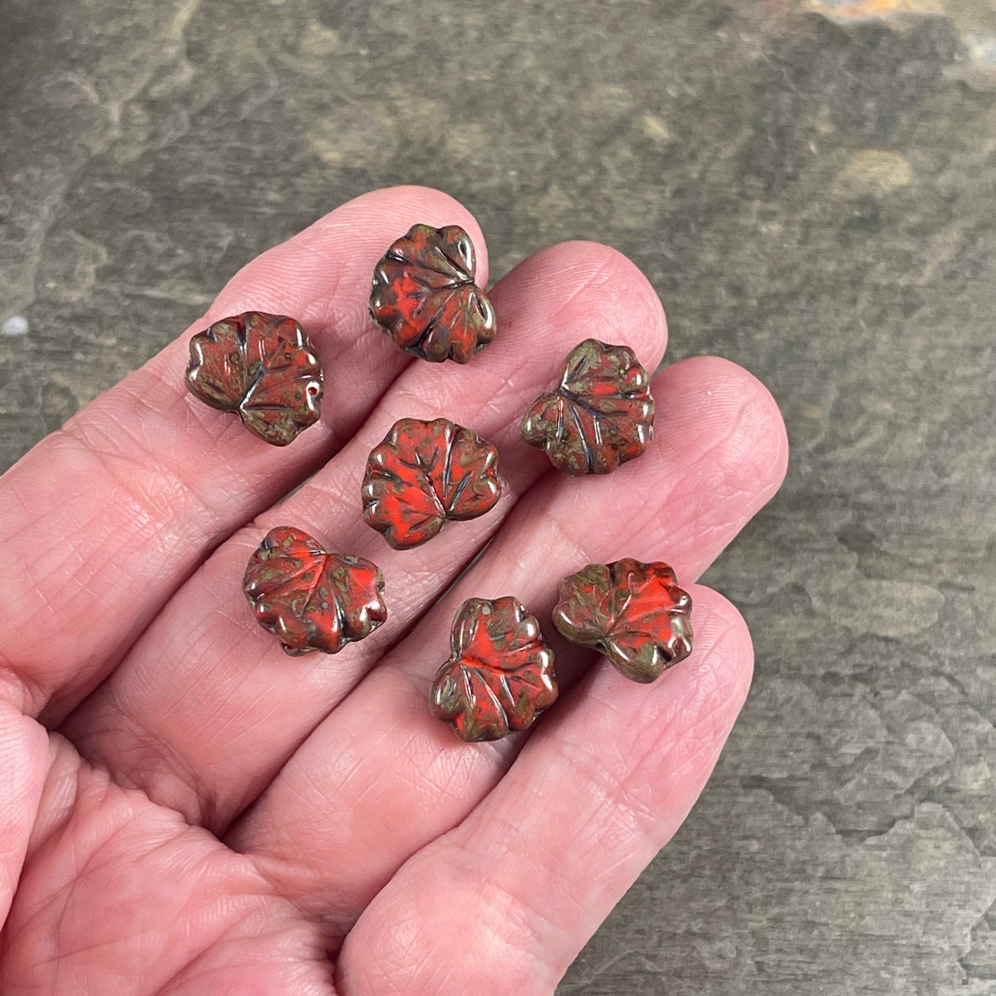 Opaque Coral Picasso Maple Leaf Beads, Travertine Picasso, 11x13mm Czech Glass Leaf Beads (ML70) * Qty. 12