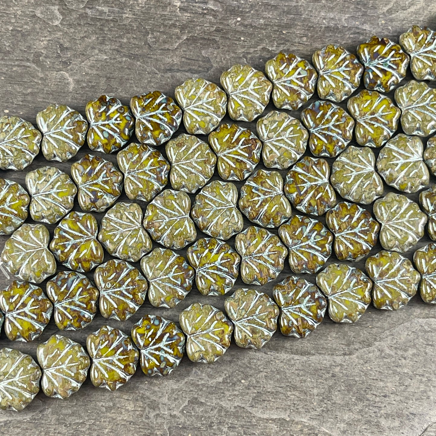 Olive Green Picasso Maple Leaf Beads, Travertine Picasso and Silver Wash, 11x13mm Czech Glass Leaf Beads (ML83) * Qty. 12