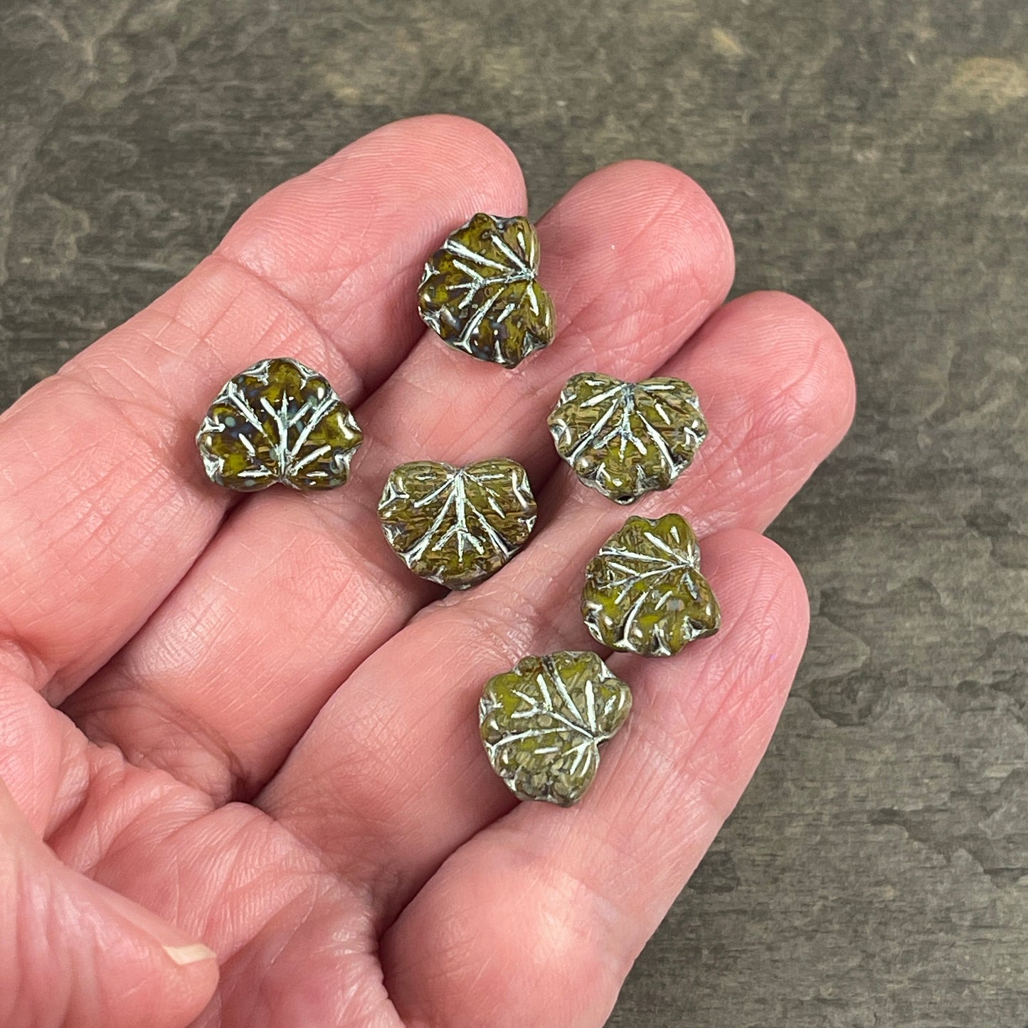 Olive Green Picasso Maple Leaf Beads, Travertine Picasso and Silver Wash, 11x13mm Czech Glass Leaf Beads (ML83) * Qty. 12