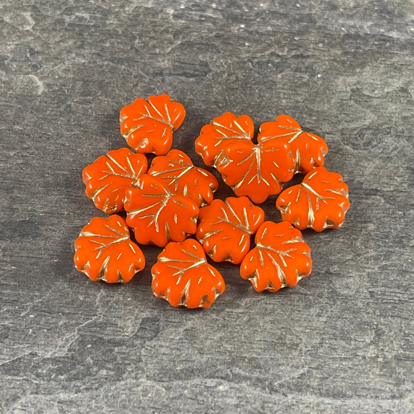 Orange Maple Leaf Beads, Opaque Orange with Gold Wash, 11x13mm Czech Glass Leaf Beads (ML82) * Qty. 12